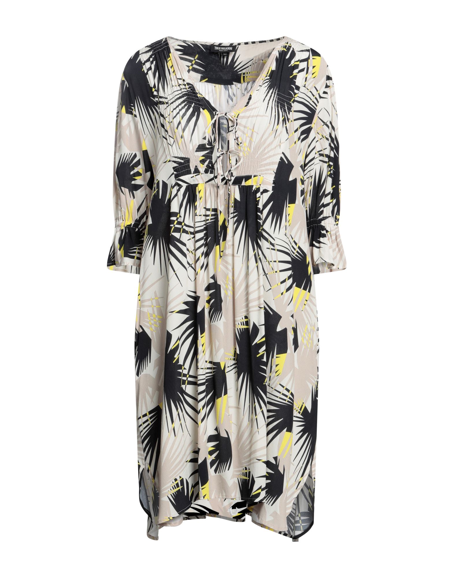 크레이프, 주름효과, 멀티컬러 패턴, v 네크라인, 3/4길이 슬리브, 안감없음, 셀프타이/스트링 여밈, 포켓 없음, 원피스 & 드레스. 이미지