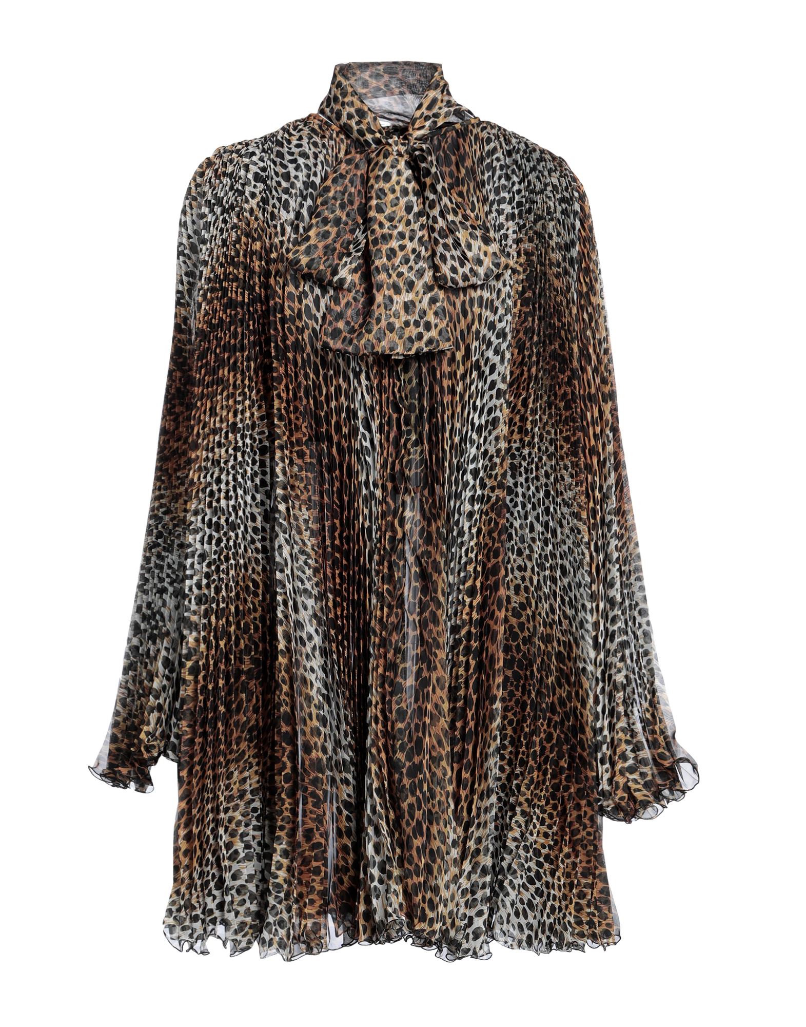 플레어 드레스, 쉬폰, 플리츠, 장식 부착 없음, 레오파드 패턴, 보우 타이 네크라인, 롱 슬리브, 부분적으로 안감 처리한 내부, 스냅버튼 여밈, 포켓 없음. 이미지