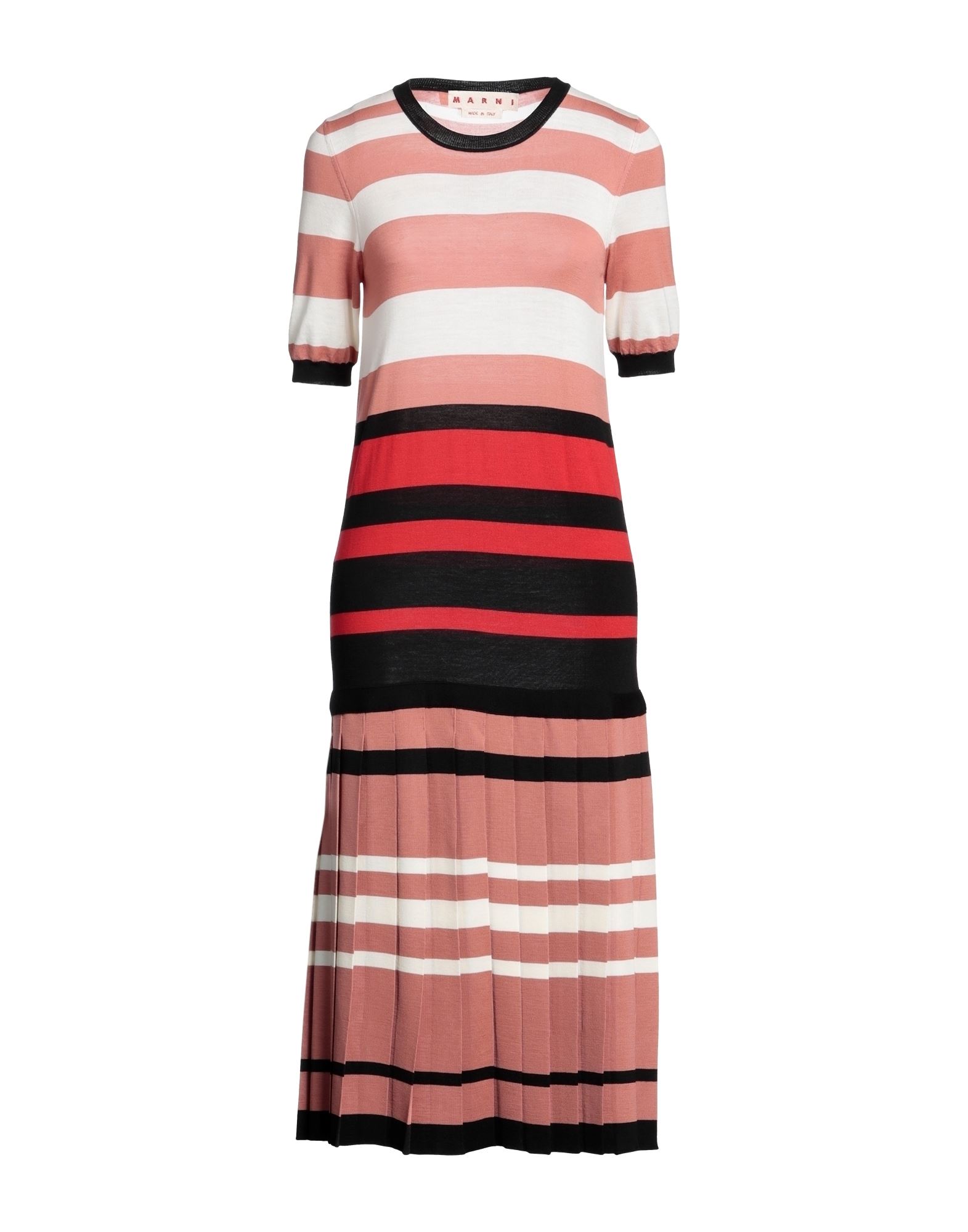 니트 소재, 라이트웨이트 니트, 주름 가공, 스트라이프, 멀티컬러 패턴, 크루넥, 쇼트 슬리브, 포켓 없음, 플리츠 드레스. 이미지