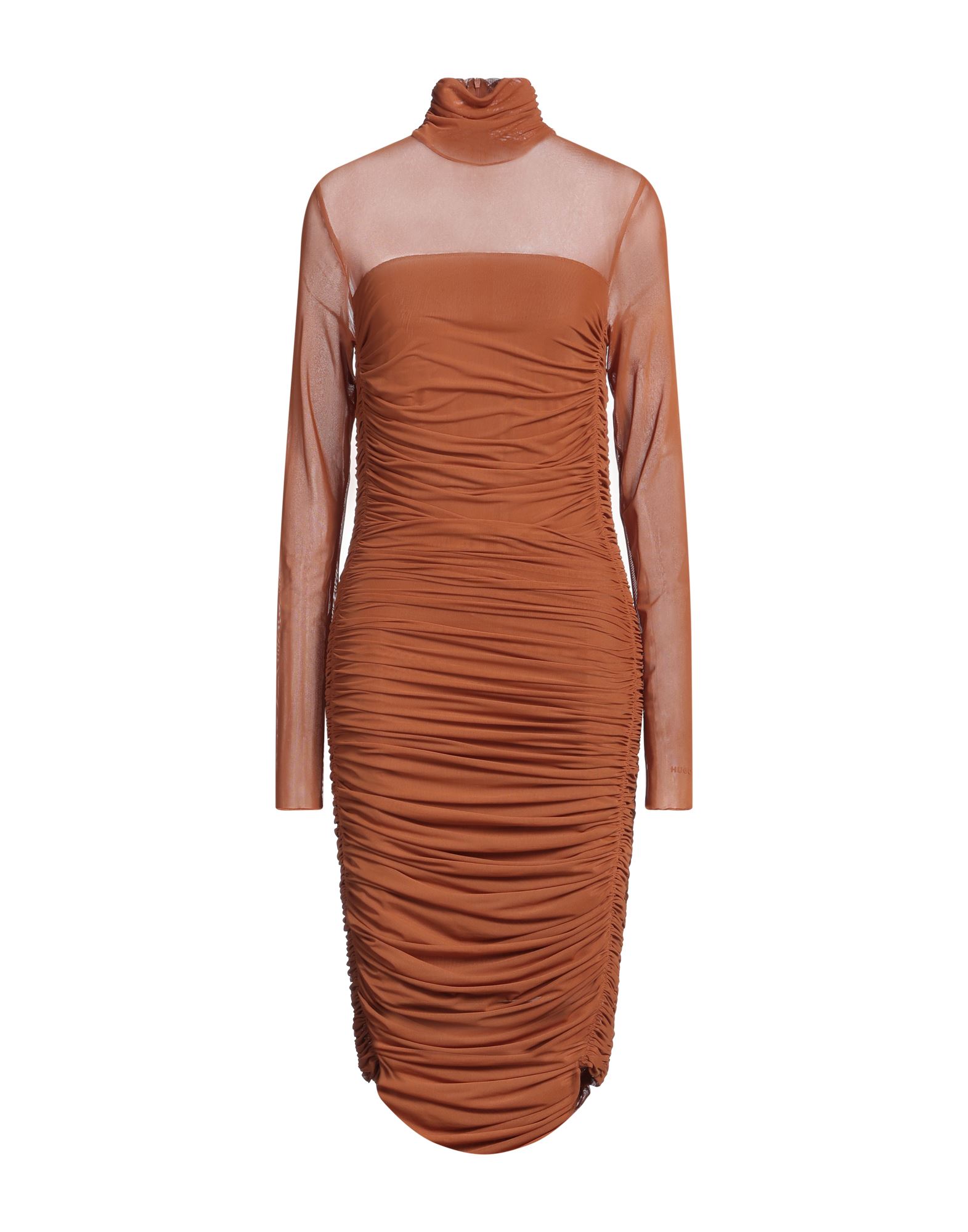 바디콘 드레스, 튤, 솔리드 컬러, 개더 디테일, 목 넥, 롱 슬리브, 안감있음, 1 버튼, 스트레치, 세탁기 세탁 또는 드라이클리닝, 표백 금지, 건조기 사용불가. 이미지