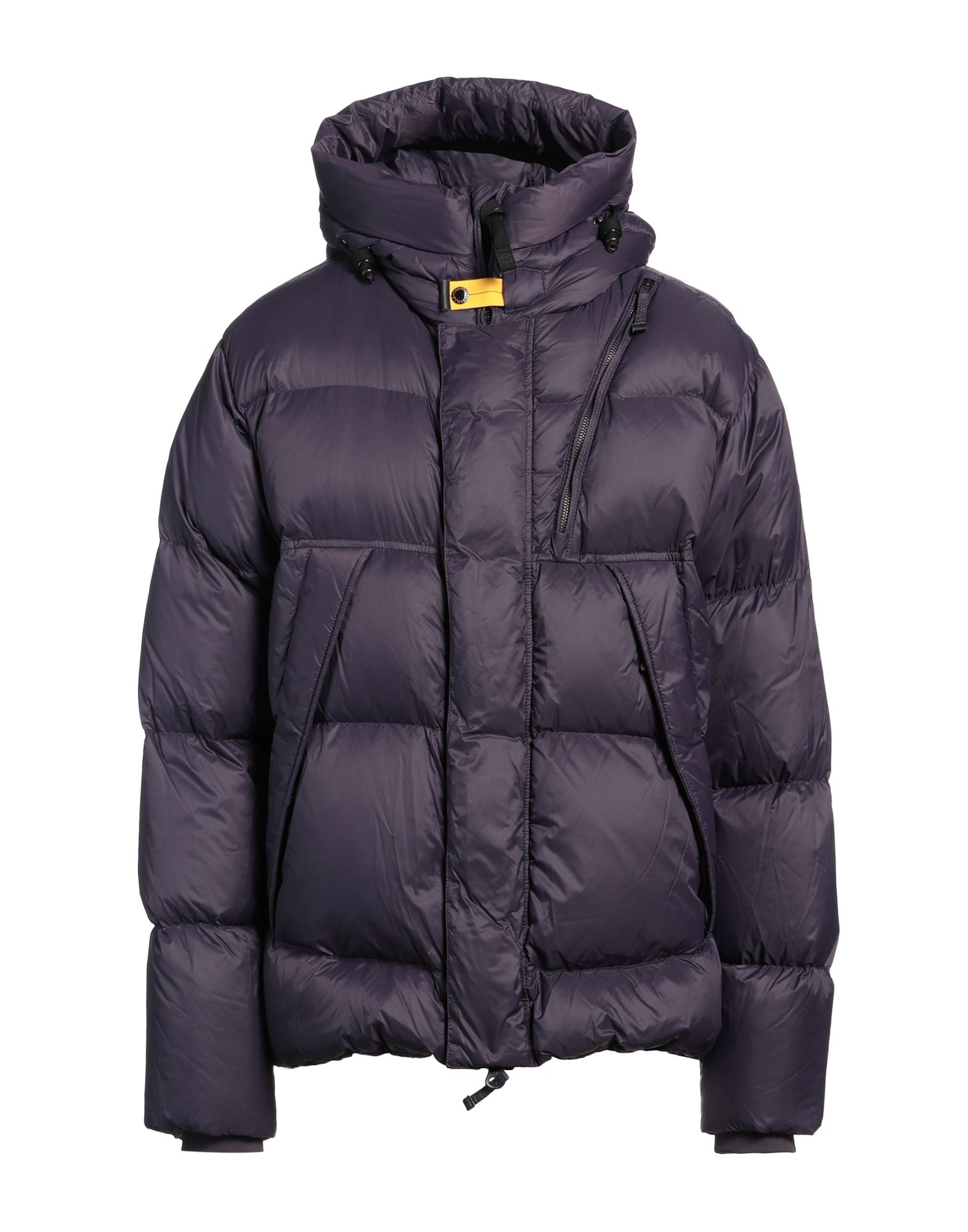 쇼트 다운 자켓, 테크니컬 패브릭, 퀼팅, 브랜드 로고, 솔리드 컬러, 후드, 롱 슬리브, 덕 다운 내장, 헤비 패딩, 지퍼 여밈, 스냅버튼 여밈, 지퍼 포켓, 내부 포켓, 드로스트링 헴라인, 동물성 비섬유 자재 함유, 세탁기로 세탁, 표백 금지, 건조기 사용불가, 다림질 금지. 이미지