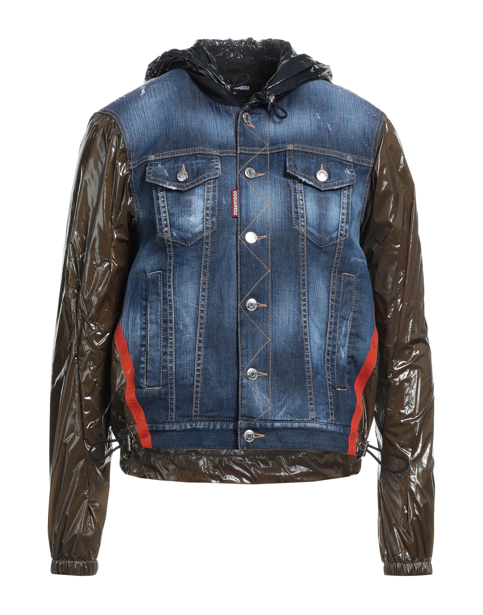 인조가죽, 데님, 바랜 효과, 브랜드 로고, 프린트, 멀티컬러 패턴, 후드, 싱글브레스티드, 롱 슬리브, 안감있음, 버튼 여밈, 멀티 포켓, 스트레치, 윈드브레이커 스타일. 이미지