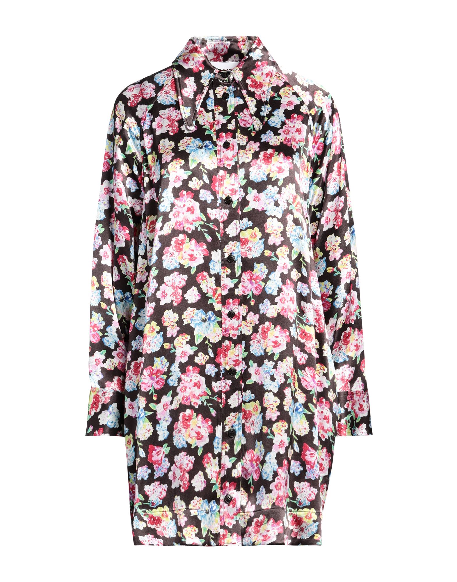 새틴, 장식 부착 없음, 플로럴 모티브, 클래식 칼라, 롱 슬리브, 버튼 커프스, 안감없음, 버튼 여밈, 포켓 없음, 세탁기로 세탁, 표백 금지, 건조기 사용불가, 셔츠 드레스. 이미지