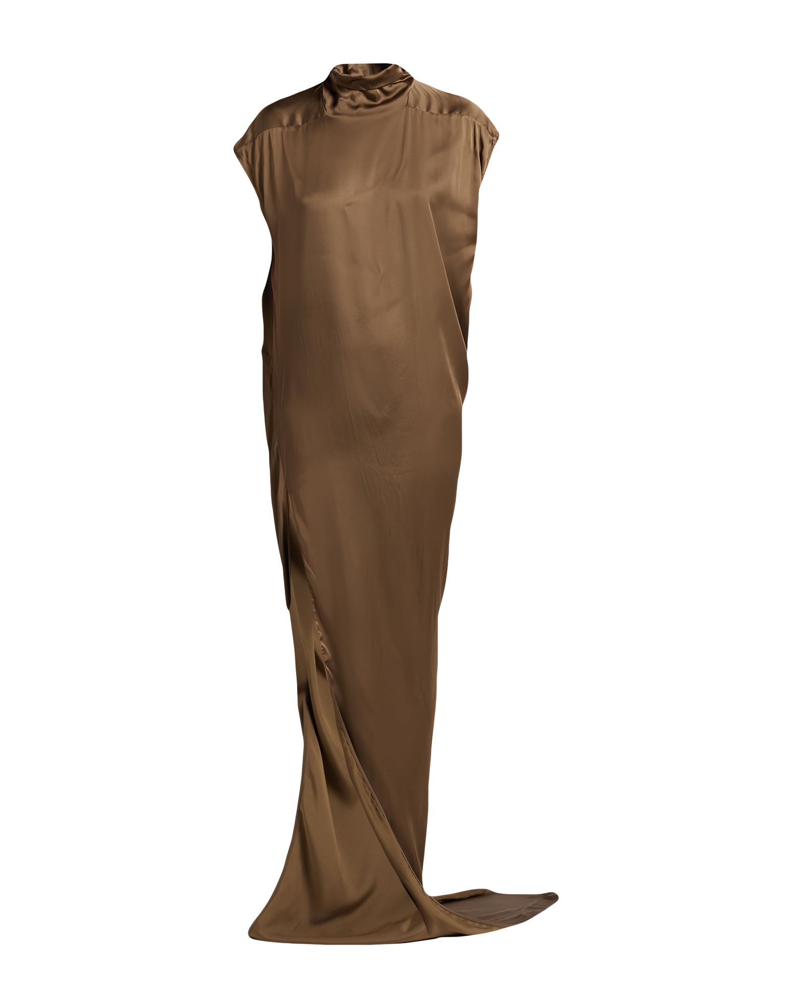 비대칭 디자인 드레스, 새틴, 솔리드 컬러, 장식 부착 없음, 터틀넥, 쇼트 슬리브, 안감없음, 버튼 여밈, 사이드 슬릿, 드라이클리닝, 표백 금지, 건조기 사용불가. 이미지