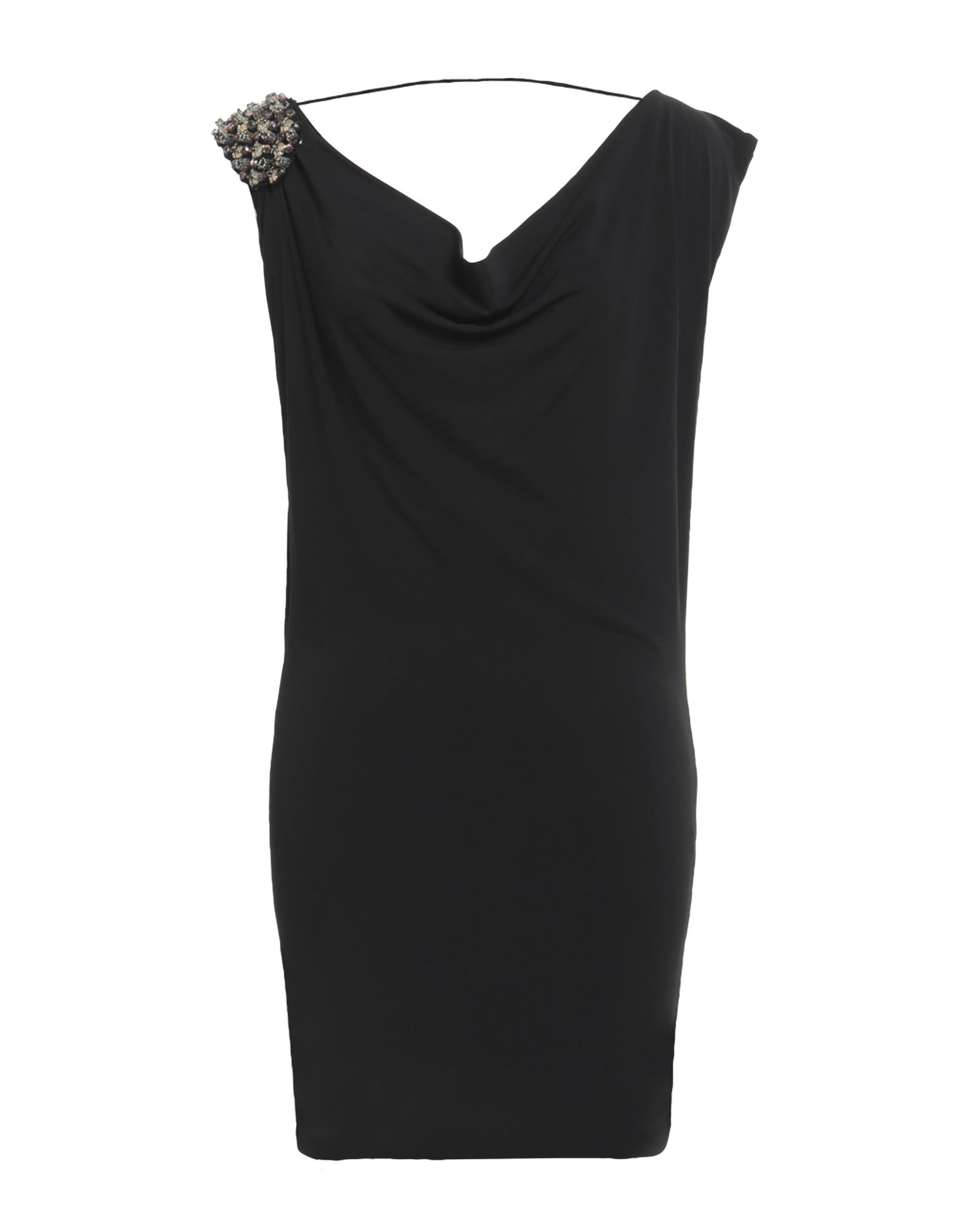 바디콘 드레스, 크레이프, 장식 효과, 장식 디테일 솔리드 컬러, 드레이프 네크라인, 슬리브리스, 안감있음, 포켓 없음, 스트레치, 세탁기 세탁 또는 드라이클리닝, 표백 금지, 건조기 사용불가. 이미지