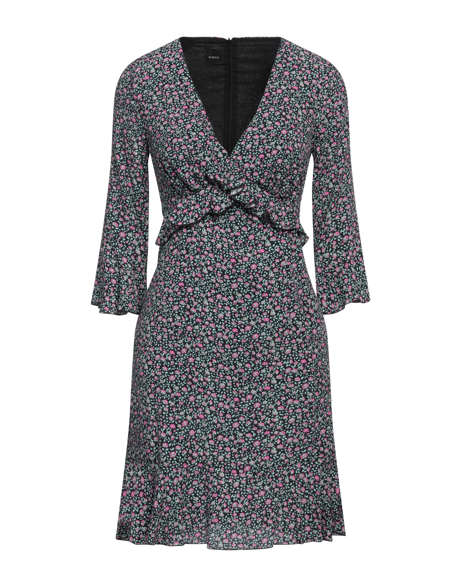 우븐, 러플, 플로럴 모티브, 딥 네크라인, 3/4길이 슬리브, 부분적으로 안감 처리한 내부, 지퍼 여밈, 포켓 없음, 플레어 드레스. 이미지