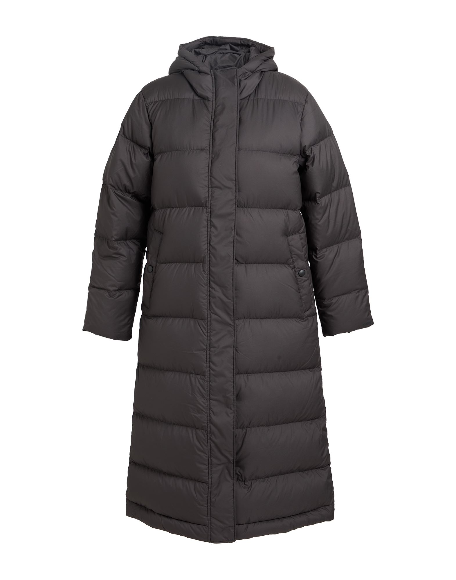 롱 다운 자켓, 테크니컬 패브릭, 솔리드 컬러, 브랜드 로고, 후드, 싱글브레스티드, 롱 슬리브, 구스 다운 내장, 지퍼 여밈, 멀티 포켓, 동물성 비섬유 자재 함유, 손세탁 또는 드라이클리닝, 표백 금지, 건조기 사용불가. 이미지