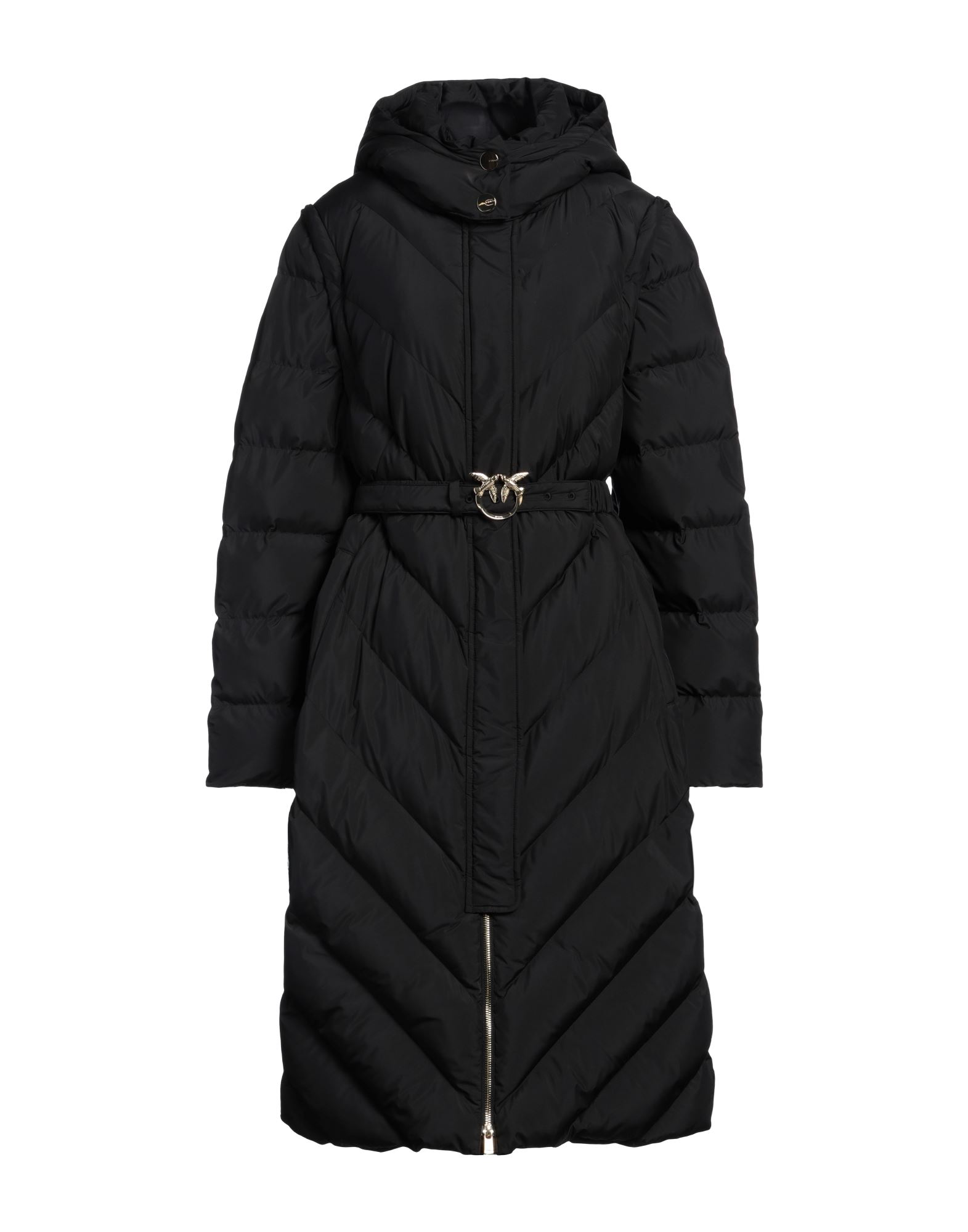 테크니컬 패브릭, 퀼팅, 벨트, 솔리드 컬러, 목 부분의 분리 가능한 후드, 싱글브레스티드, 롱 슬리브, 탈부착 가능한 소매, 합성 충전재, 지퍼 여밈, 스냅버튼 여밈, 지퍼 포켓, 세탁기로 세탁, 표백 금지, 건조기 사용불가, 다림질 금지, 롱 패딩 자켓. 이미지