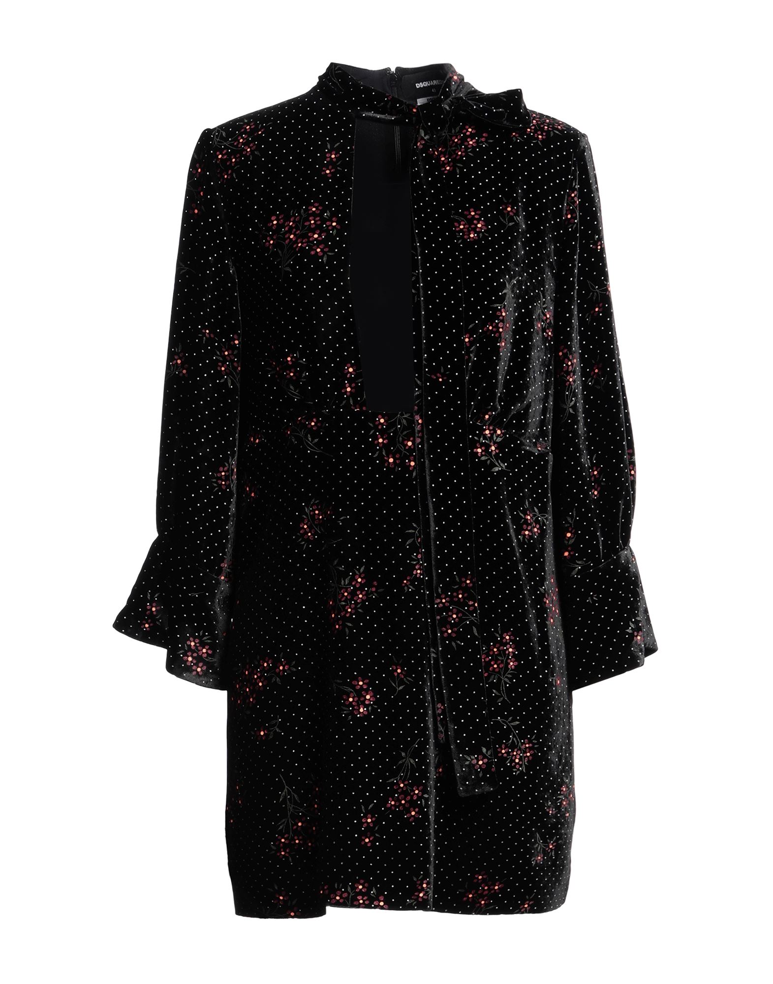 벨벳, 장식 부착 없음, 플로럴 모티브, 폴카도트, 보우 타이 네크라인, 3/4길이 슬리브, 어깨 패드, 슬릿 커프스, 안감있음, 지퍼 여밈, 포켓 없음, 드라이클리닝, 표백 금지, 건조기 사용불가, 플레어 드레스, 이 브랜드는 사이즈가 작게 나옵니다.. 이미지