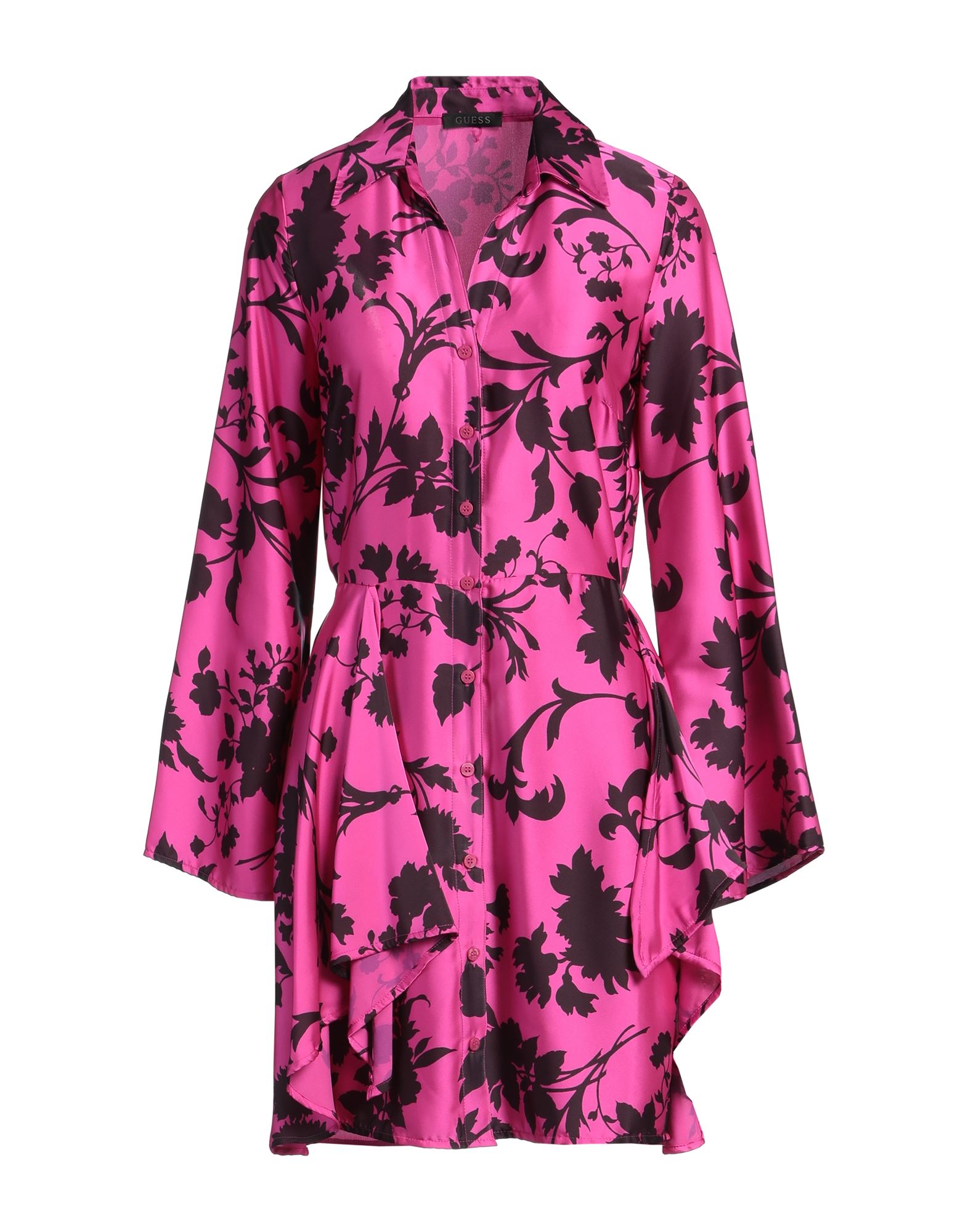 플레어 드레스, 새틴, 플로럴 모티브, 장식 부착 없음, 캠프 칼라, 롱 슬리브, 안감있음, 포켓 없음, 스트레치, 손세탁 또는 드라이클리닝, 표백 금지, 건조기 사용불가. 이미지