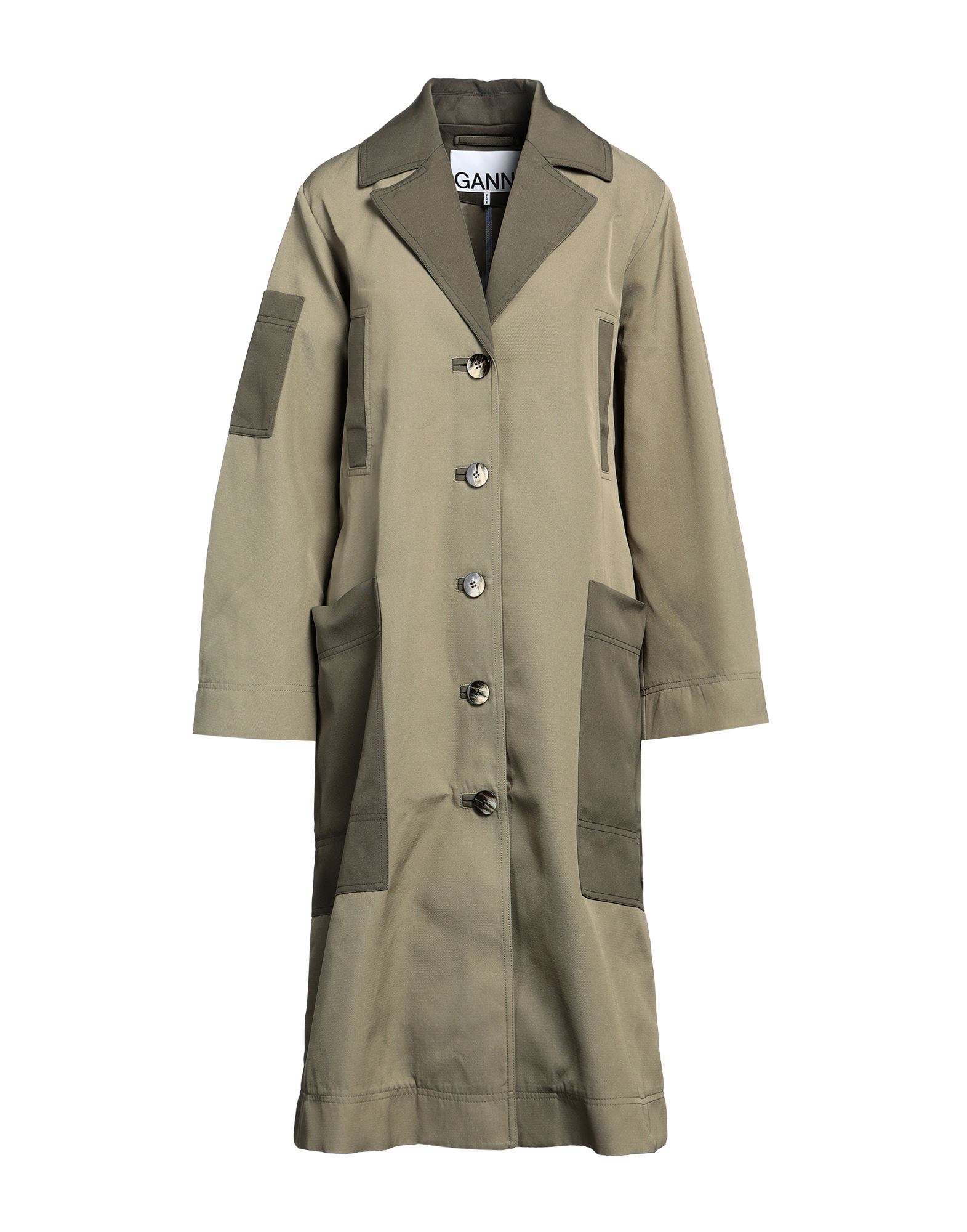 트윌, 장식 부착 없음, 투톤 패턴, 라펠, 싱글브레스티드, 롱 슬리브, 안감없음, 버튼 여밈, 멀티 포켓, 드라이클리닝, 표백 금지, 건조기 사용불가, 롱 자켓, 루즈 핏. 이미지