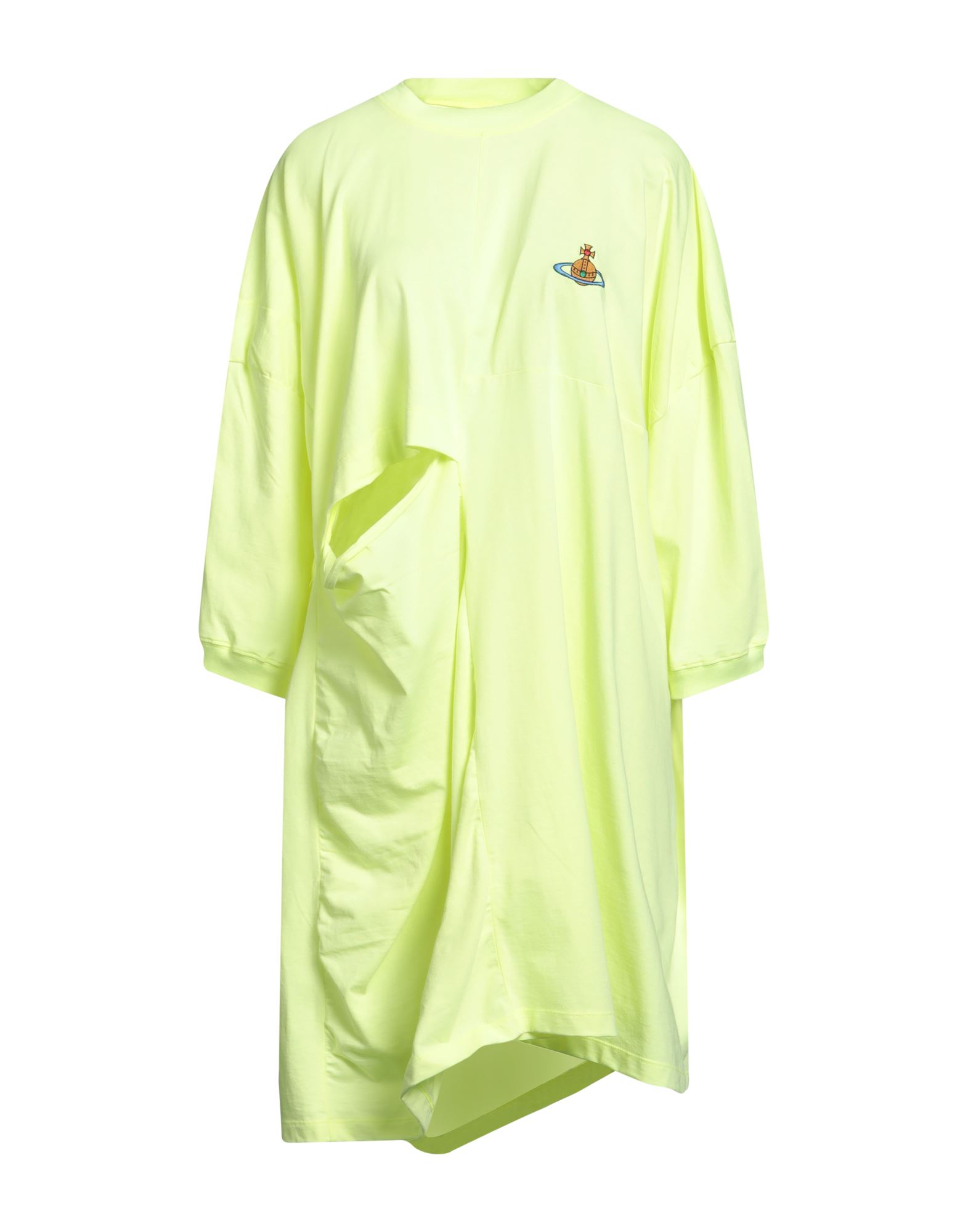 티셔츠 원피스, 저지, 저지, 네온 컬러, 솔리드 컬러, 자수 로고 장식, 컷아웃 효과, 크루넥, 쇼트 슬리브, 안감없음, 세탁기로 세탁, 표백 금지, 건조기 사용불가. 이미지