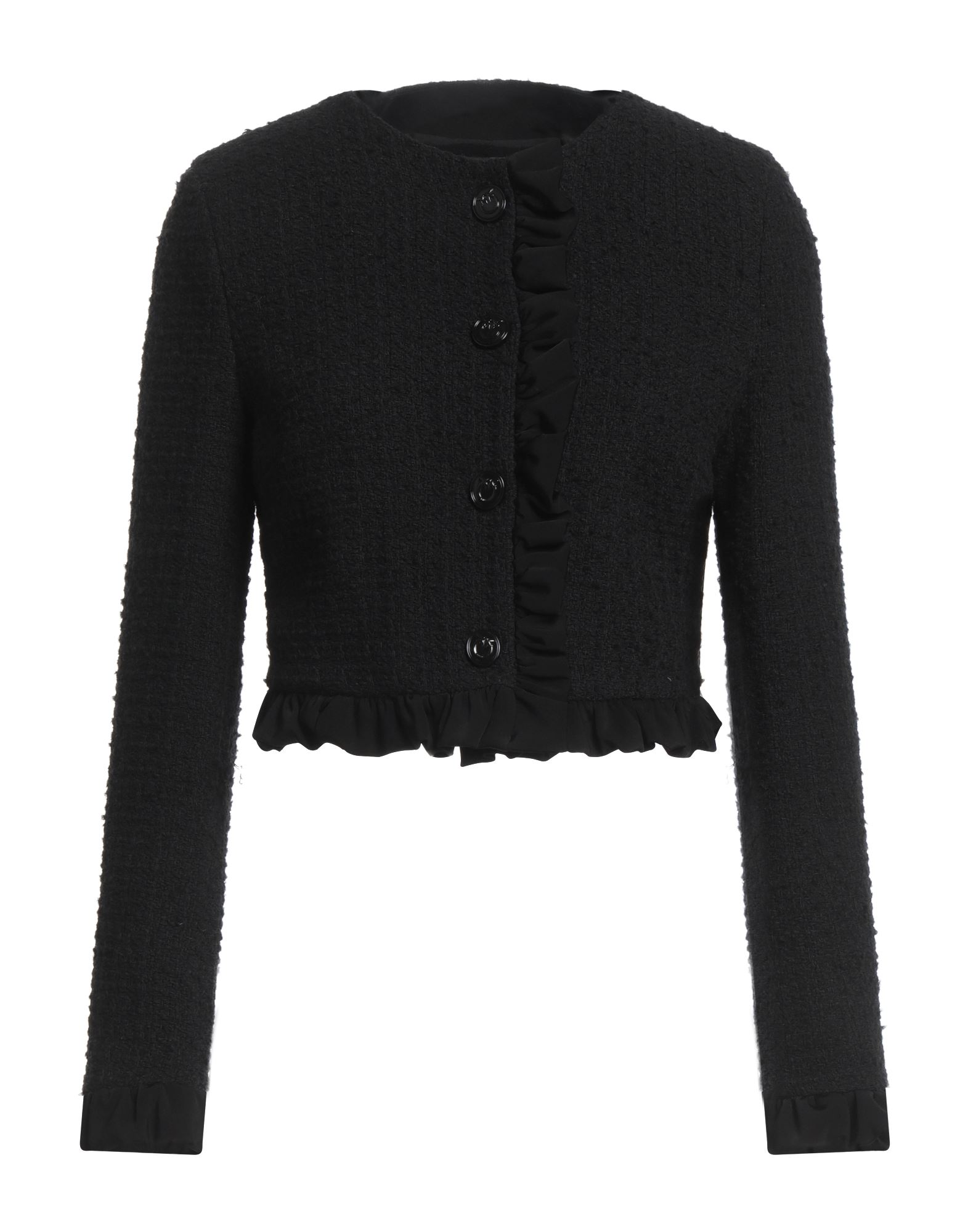 트위드, 저지, 러플, 크롭트, 솔리드 컬러, 크루넥, 싱글브레스티드, 롱 슬리브, 안감있음, 버튼 여밈, 포켓 없음, 드라이클리닝, 표백 금지, 건조기 사용불가, 자켓. 이미지