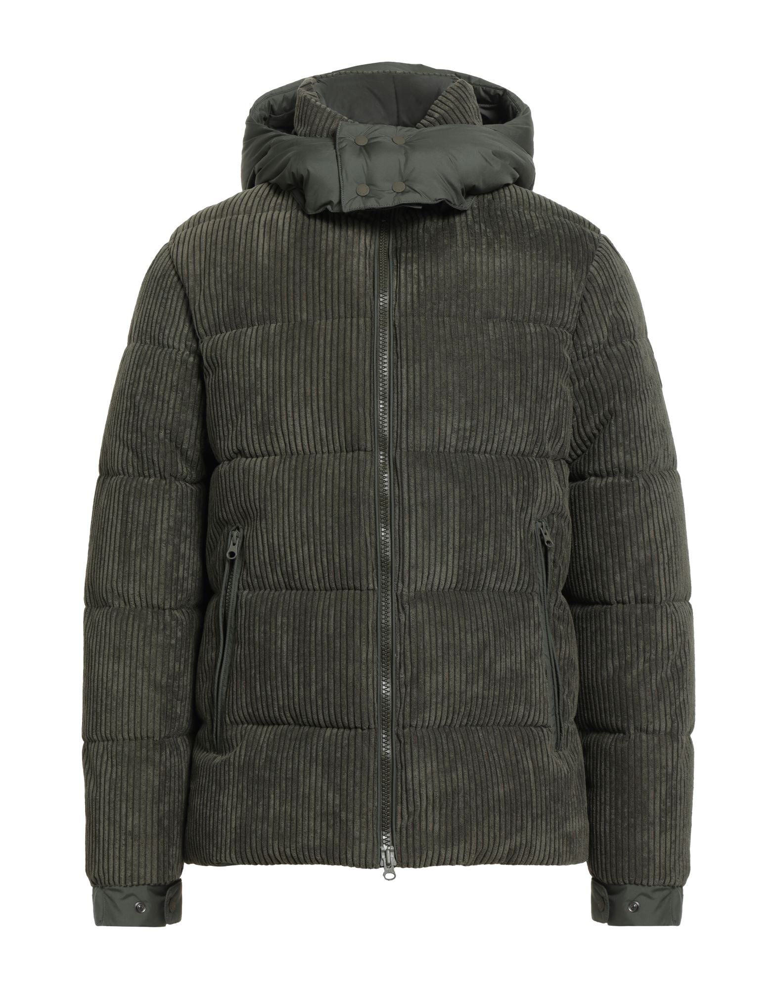 코듀로이, 테크니컬 패브릭, 브랜드 로고, 솔리드 컬러, 목 부분의 분리 가능한 후드, 싱글브레스티드, 롱 슬리브, 합성 충전재, 지퍼 여밈, 지퍼 포켓, 세탁기로 세탁, 표백 금지, 건조기 사용불가, 다림질 금지, 쇼트 다운 자켓. 이미지