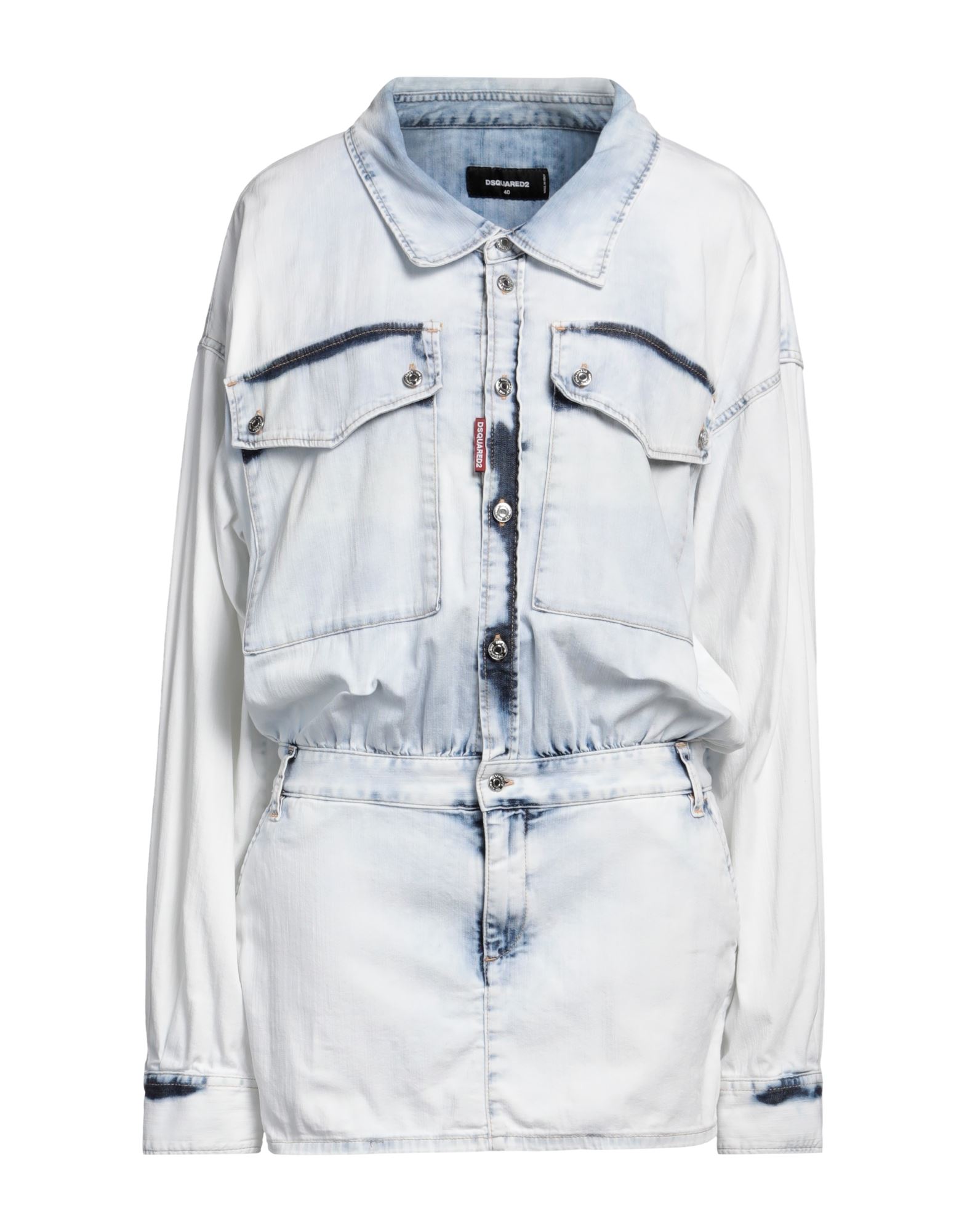 데님, 바랜 효과, 브랜드 로고, 솔리드 컬러, 클래식 칼라, 라이트 워싱, 롱 슬리브, 안감없음, 버튼 여밈, 지퍼 클로저, 멀티 포켓, 스트레치, 셔츠 드레스, 스몰 핏. 이미지