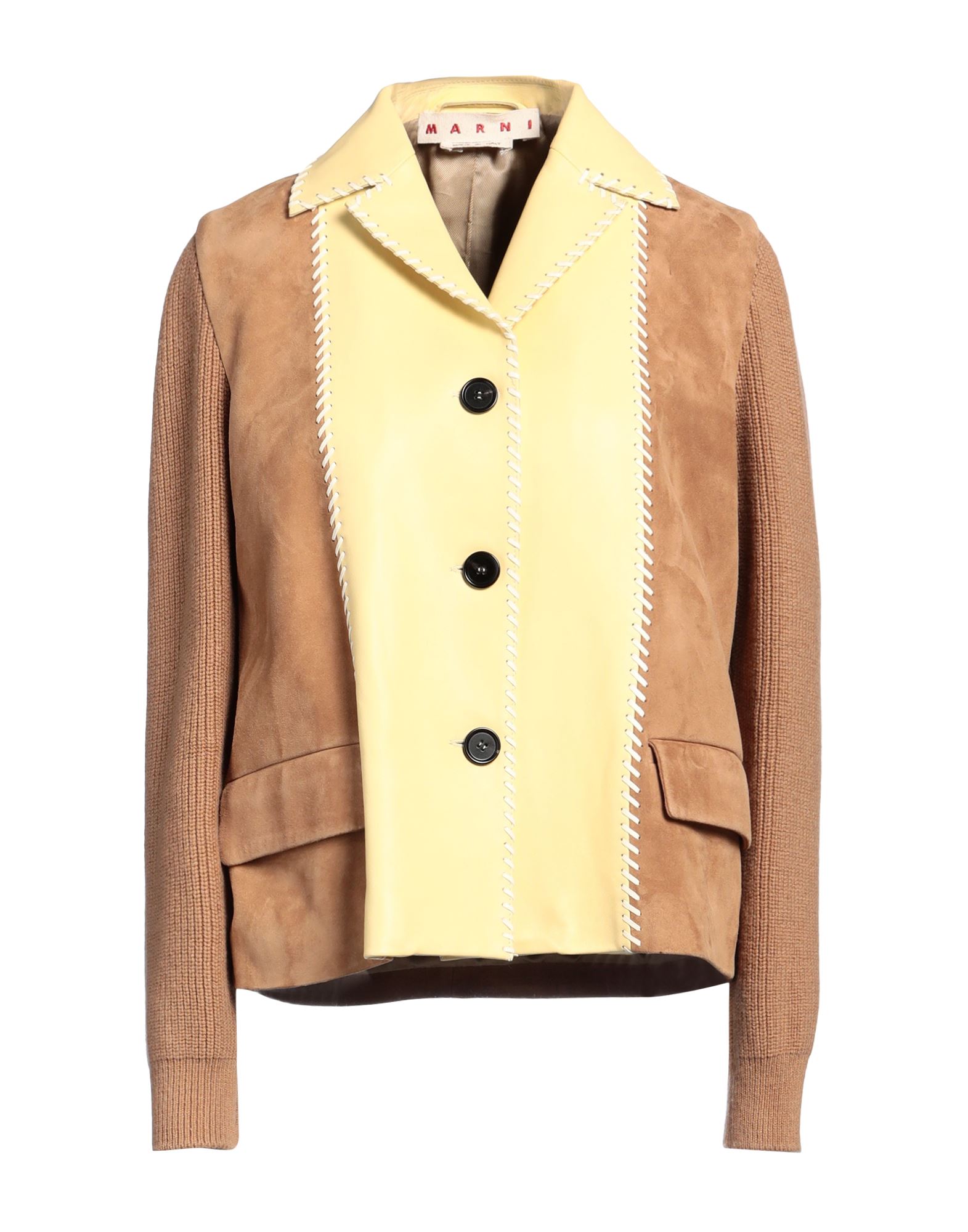 주트 솔, 니트 소재, 미디엄웨이트 니트, 장식 부착 없음, 멀티컬러 패턴, 라펠, 롱 슬리브, 안감있음, 버튼 여밈, 플랩 포켓, 동물성 비섬유 자재 함유, 드라이클리닝, 표백 금지, 건조기 사용불가, 자켓. 이미지