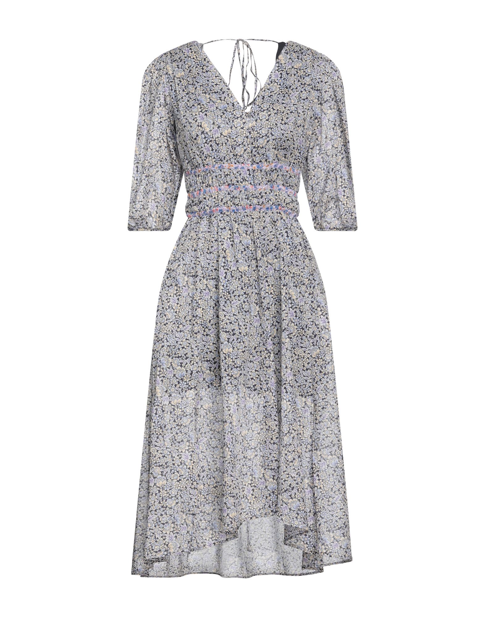 평직, 장식 부착 없음, 플로럴 모티브, v 네크라인, 롱 슬리브, 안감있음, 멀티 포켓, 트라페즈 스커트. 이미지