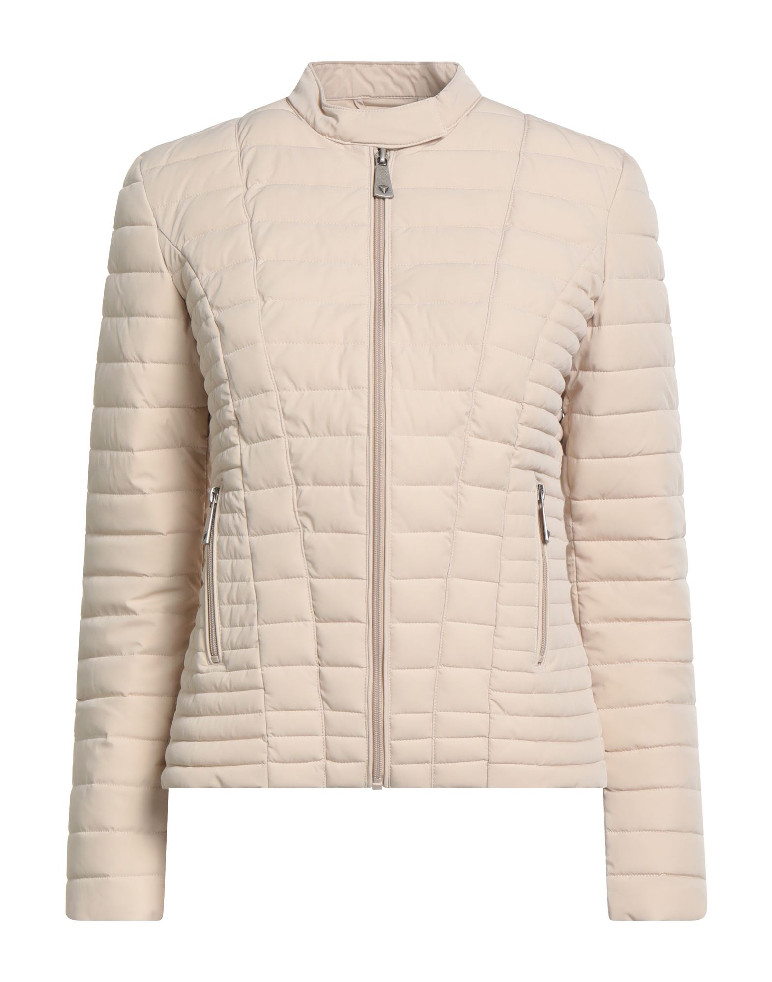 쇼트 패딩 자켓, 테크니컬 패브릭, 퀼팅, 솔리드 컬러, 장식 부착 없음, 스탠드 칼라, 싱글브레스티드, 롱 슬리브, 지퍼 커프스, 합성 충전재, 지퍼 여밈, 멀티 포켓, 지퍼 포켓, 세탁기로 세탁, 표백 금지, 건조기 사용불가. 이미지