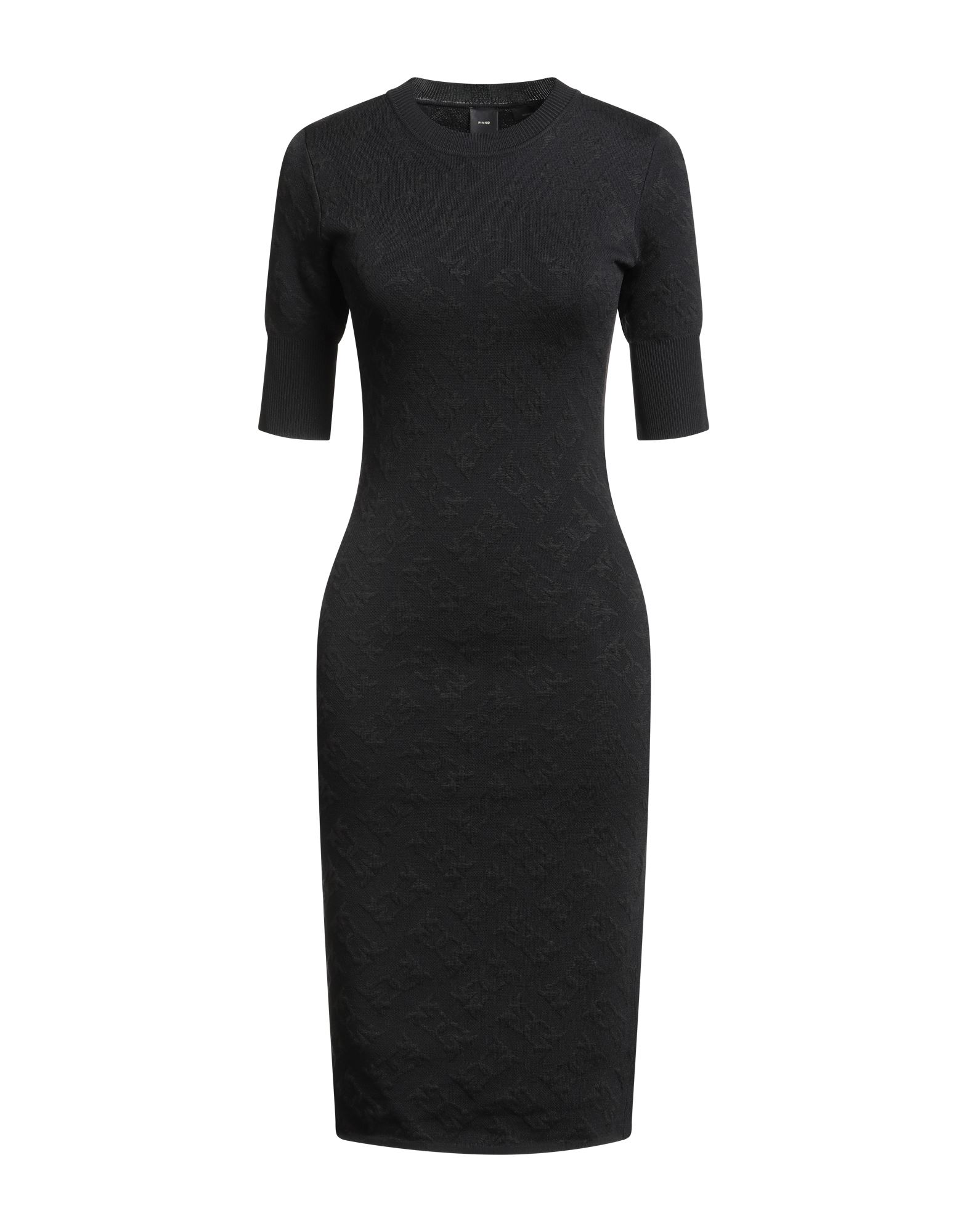 바디콘 드레스, 니트 소재, 라이트웨이트 니트, 로고 디자인, 장식 부착 없음, 크루넥, 쇼트 슬리브, 안감없음, 포켓 없음, 손세탁, 표백 금지, 건조기 사용불가. 이미지