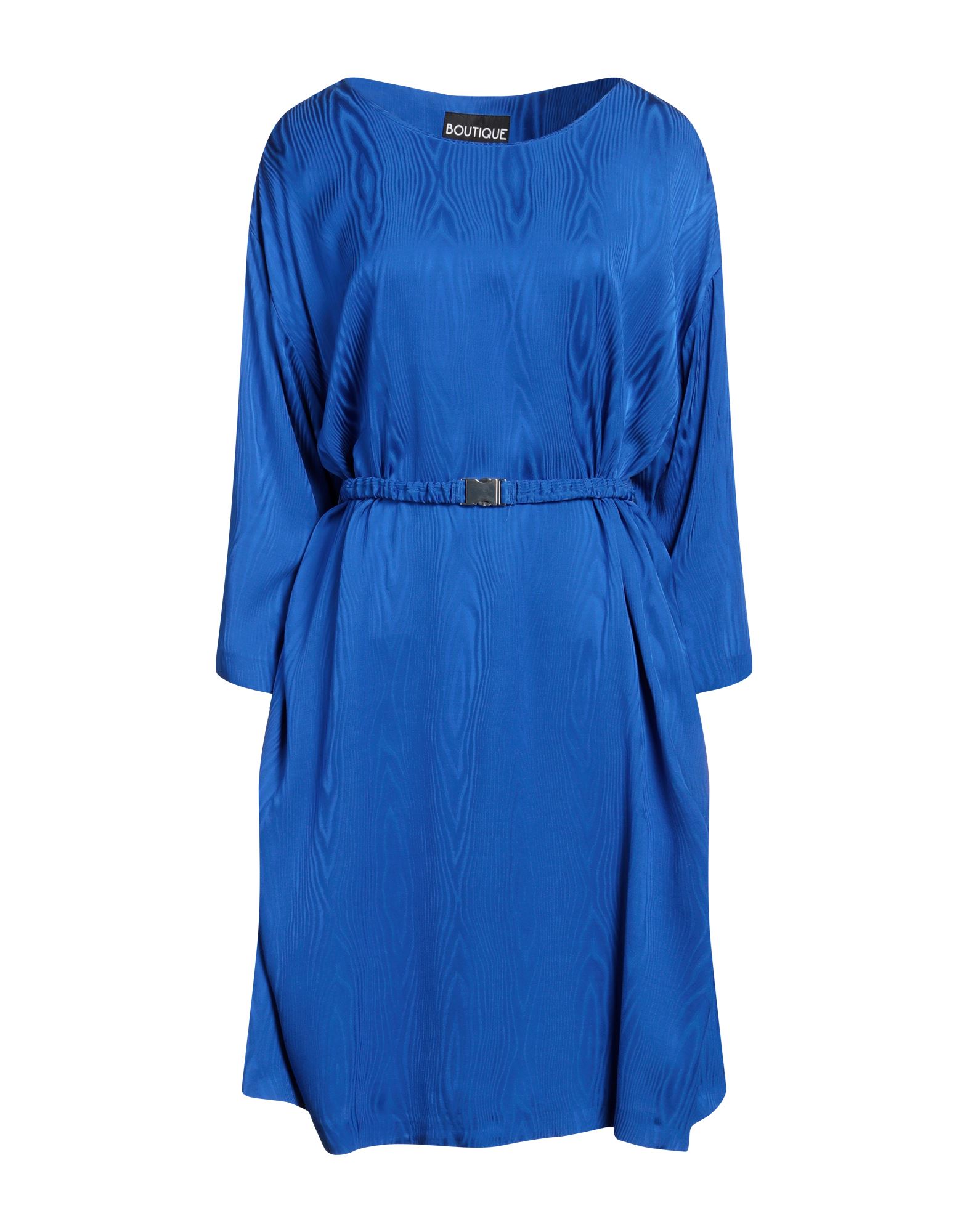 새틴, 벨트, 솔리드 컬러, 크루넥, 3/4길이 슬리브, 안감없음, 포켓 없음, 플레어 드레스. 이미지