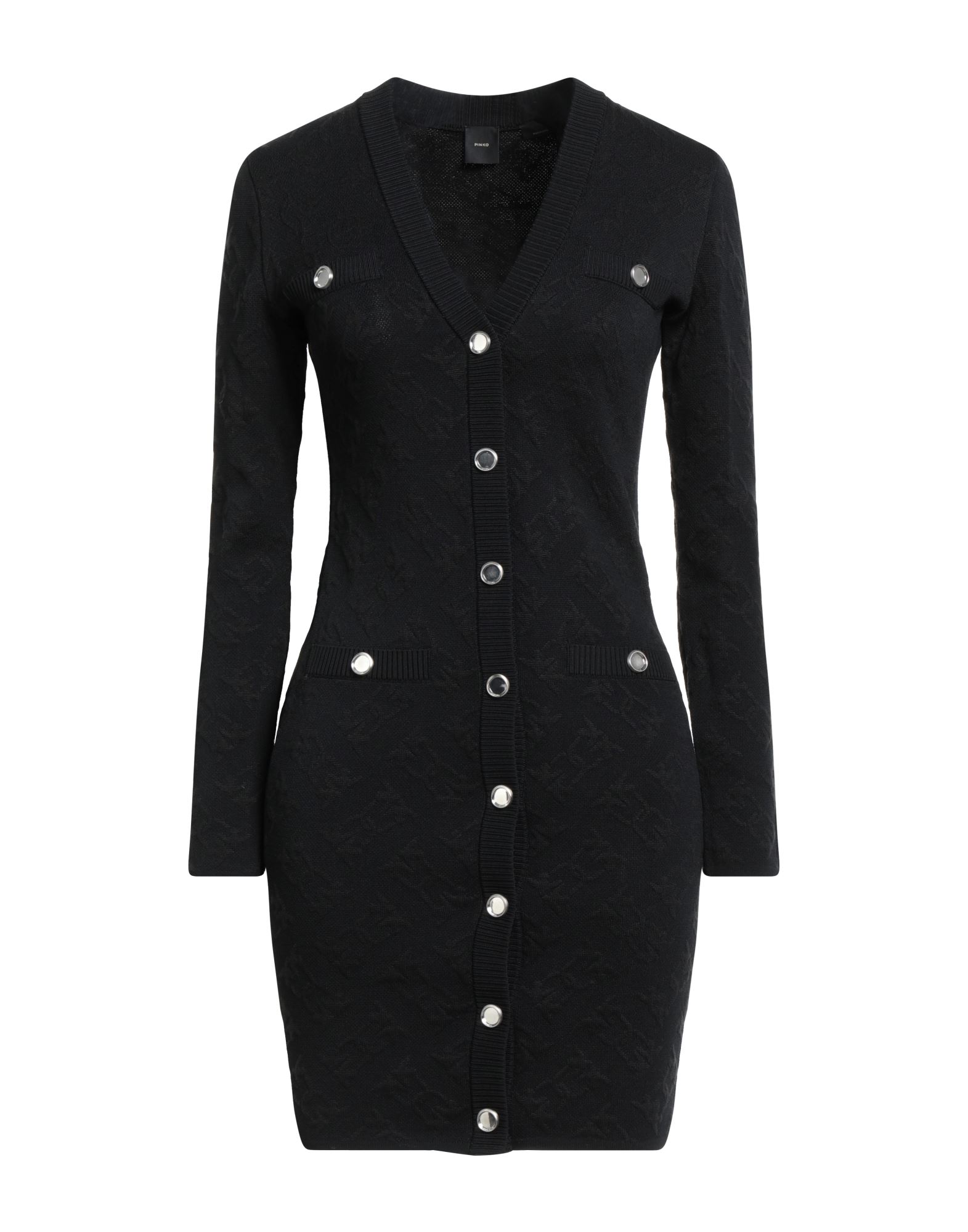 바디콘 드레스, 니트 소재, 라이트웨이트 니트, 로고 디자인, 장식 부착 없음, v 네크라인, 롱 슬리브, 안감없음, 스냅버튼 여밈, 페이크 포켓, 손세탁, 표백 금지, 건조기 사용불가. 이미지