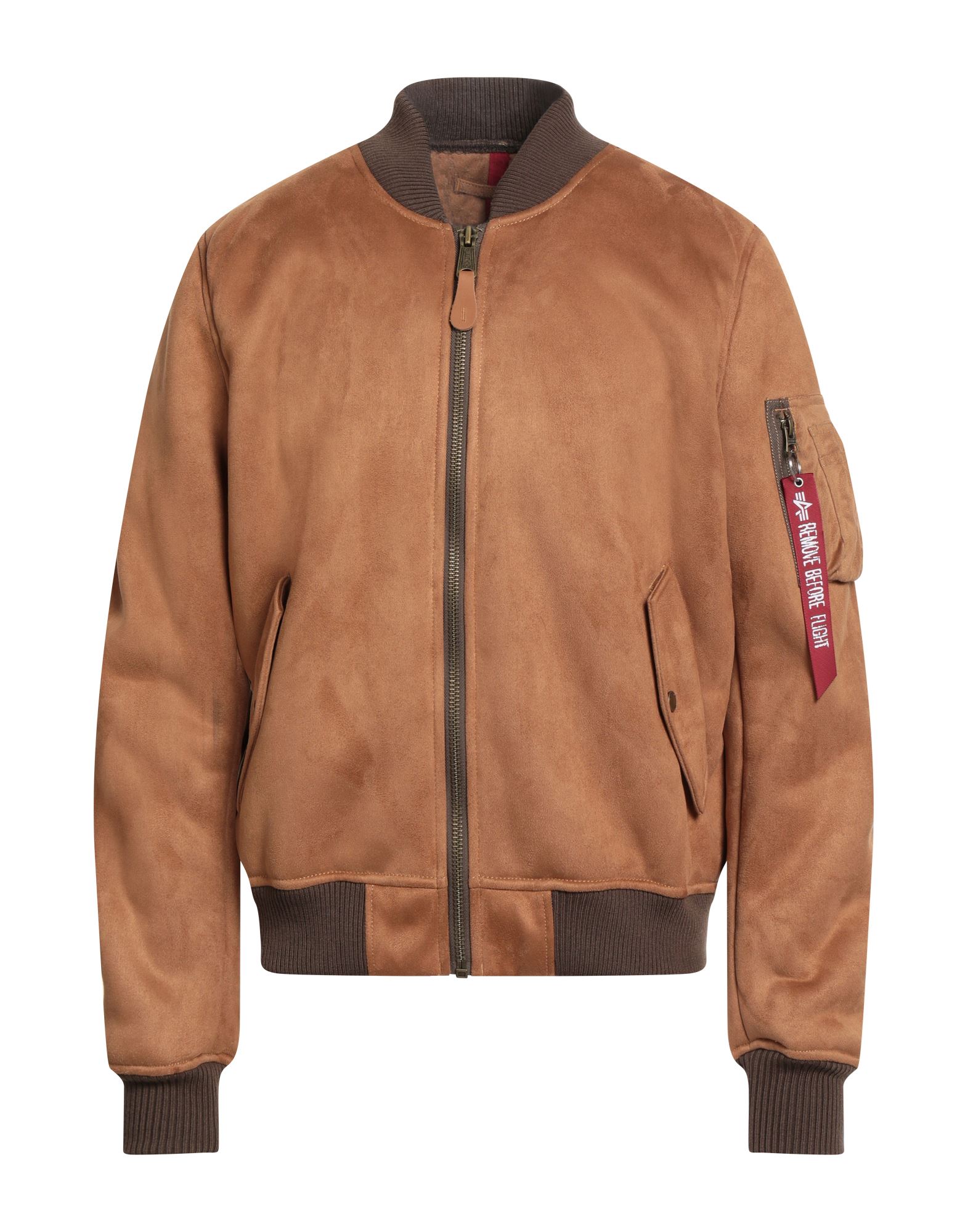 보머 자켓, 스웨이드 효과 패브릭, 브랜드 로고, 솔리드 컬러, 크루넥, 롱 슬리브, 내부 인조퍼, 지퍼 여밈, 플랩 포켓, 지퍼 포켓, 드라이클리닝, 표백 금지, 건조기 사용불가, 다림질 금지. 이미지