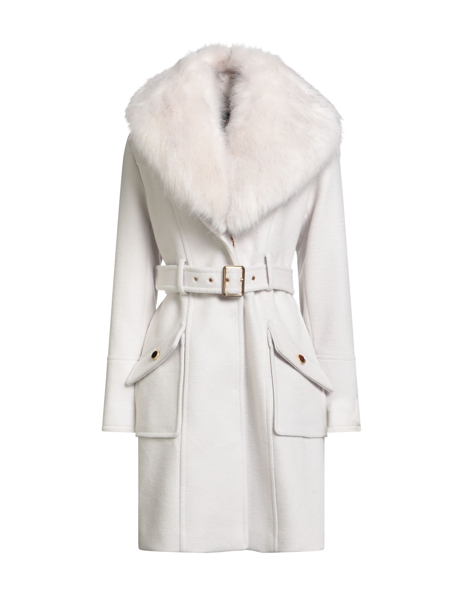 벨티드 코트, 펠트, 인조모피, 솔리드 컬러, 벨트, 라펠, 롱 슬리브, 버튼 커프스, 안감있음, 스냅버튼 여밈, 패치 포켓, 드라이클리닝, 표백 금지, 건조기 사용불가. 이미지