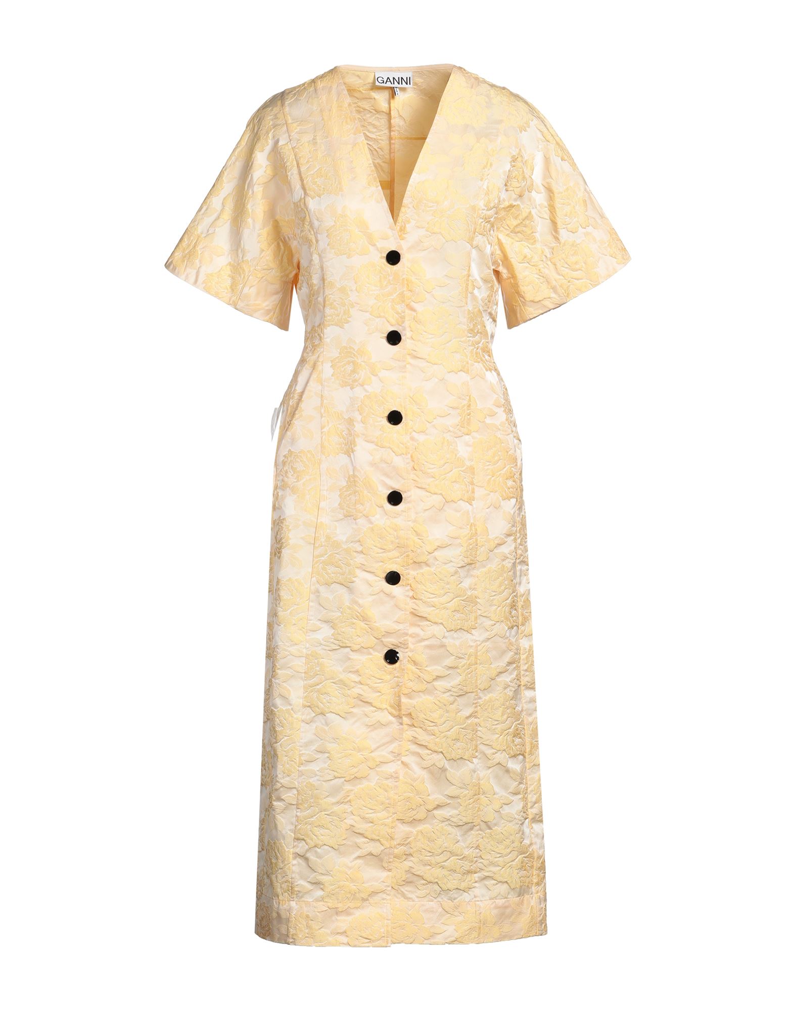 플레어 드레스, 우븐, 자카드, 플로럴 모티브, 장식 부착 없음, v 네크라인, 쇼트 슬리브, 버튼 여밈, 멀티 포켓, 손세탁 또는 드라이클리닝, 표백 금지, 건조기 사용불가. 이미지