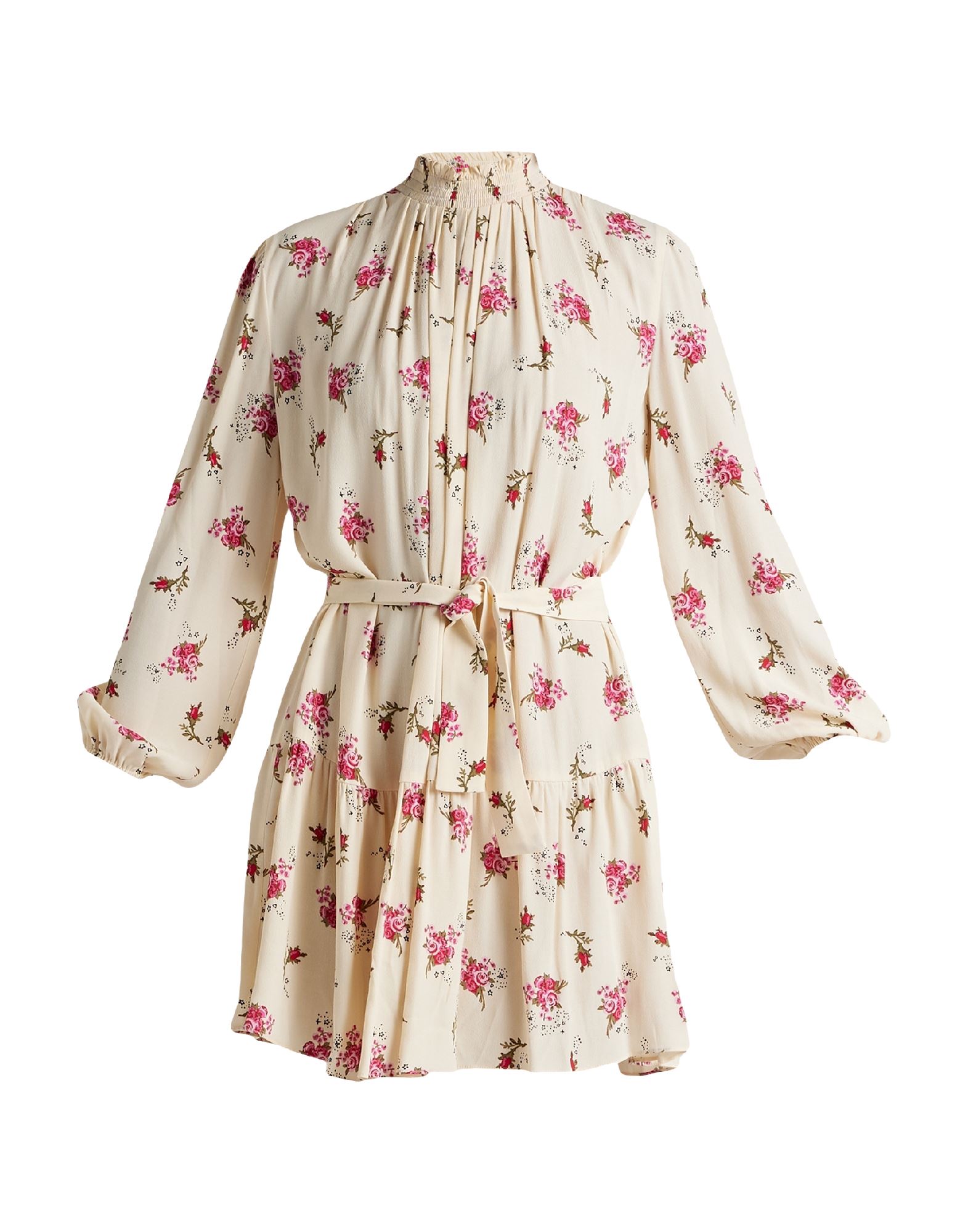 플레어 드레스, 크레이프, 플로럴 모티브, 벨트, 주름 가공, 스모킹, 터틀넥, 롱 슬리브, 엘라스틱 커프스, 안감없음, 포켓 없음, 결혼식 하객 스타일로도 적합한 특별한 날에 어울리는 우아한 세레모니 룩. 이미지