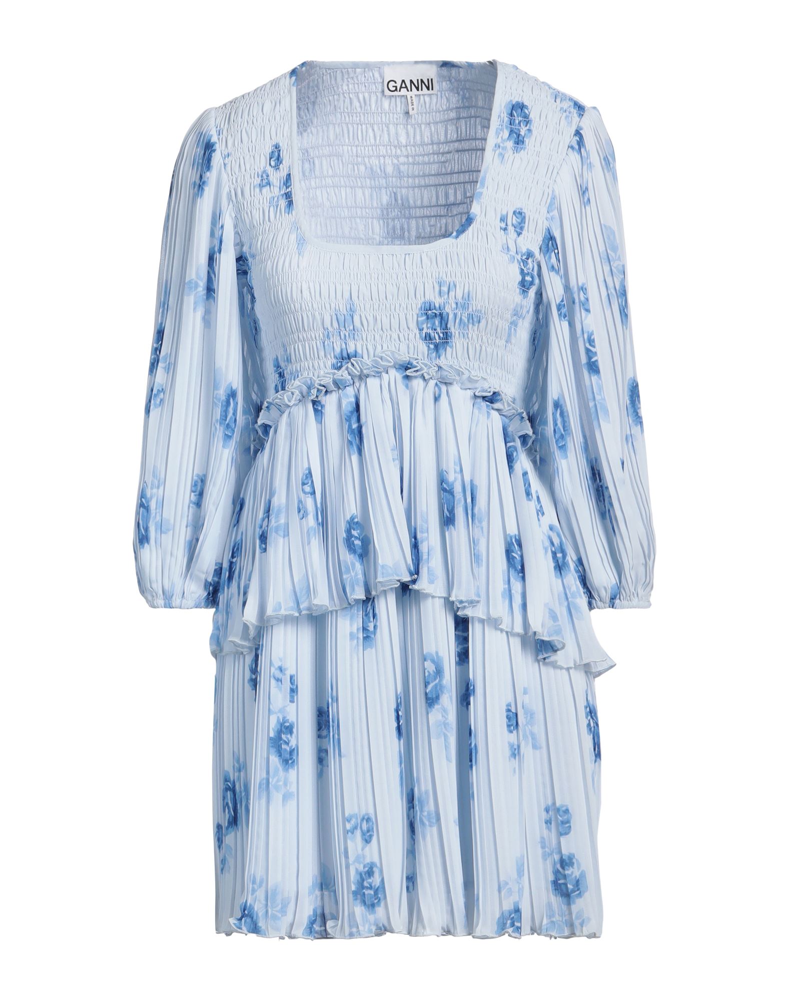 원피스 & 드레스, 크레이프, 플로럴 모티브, 주름 가공, 와이드 네크라인, 롱 슬리브, 부분적으로 안감 처리한 내부, 포켓 없음, 세탁기로 세탁, 표백 금지, 건조기 사용불가. 이미지