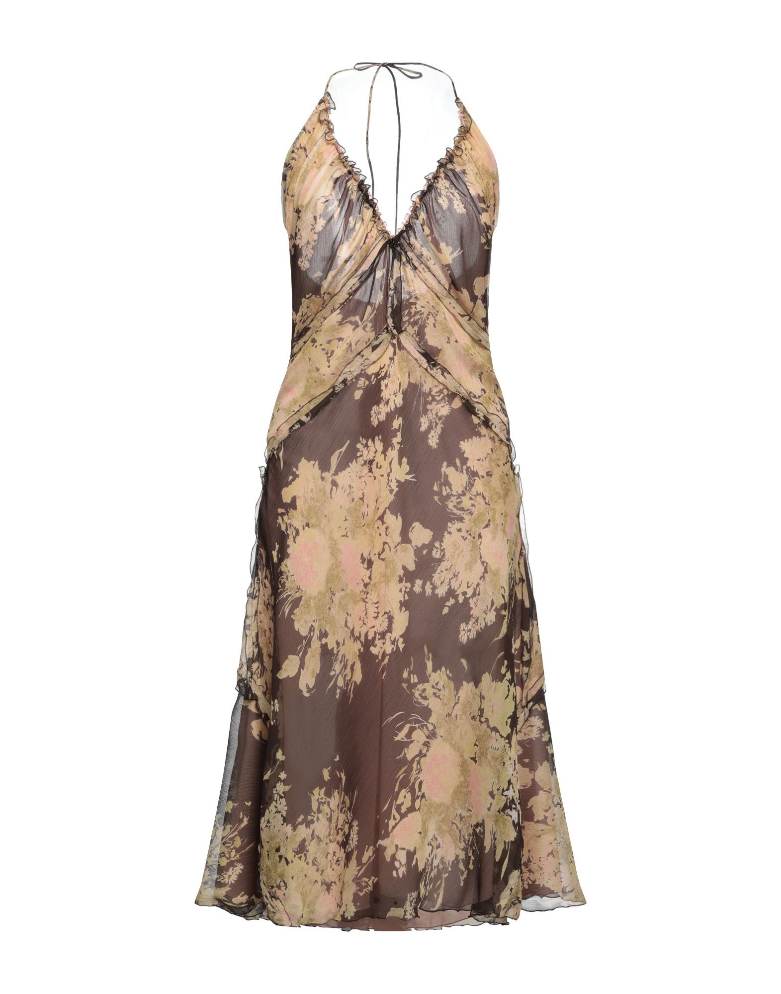 크레이프, 레이스업, 플로럴 모티브, 딥 네크라인, 슬리브리스, 안감있음, 지퍼 클로저, 포켓 없음, 트라페즈 스커트, 스몰 핏. 이미지