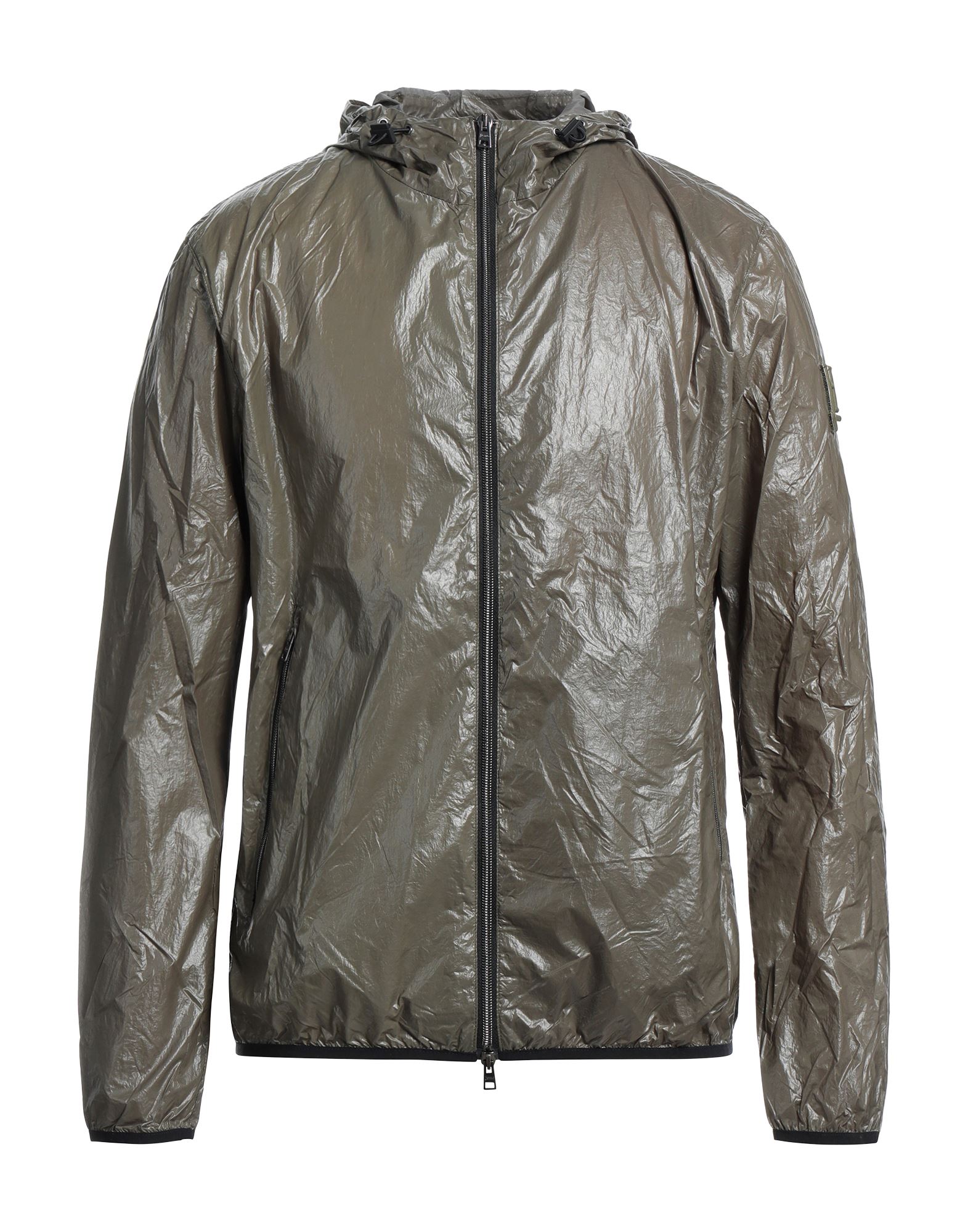 윈드브레이커, 테크니컬 패브릭, 왁스코팅 효과, 브랜드 로고, 솔리드 컬러, 후드, 롱 슬리브, 안감없음, 지퍼 여밈, 지퍼 포켓, 내부 포켓, 드라이클리닝, 표백 금지, 건조기 사용불가. 이미지