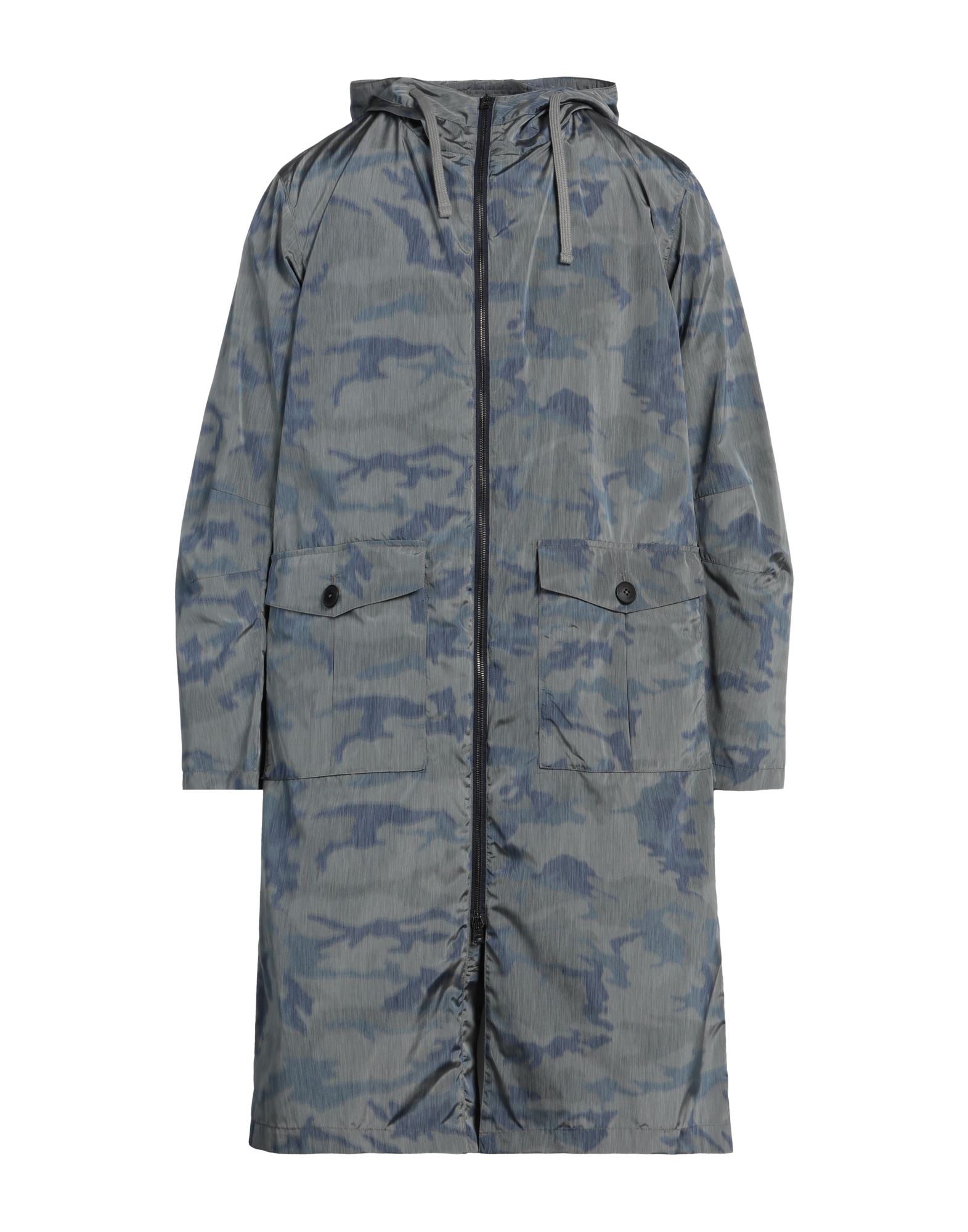 롱 자켓, 테크니컬 패브릭, 카무플라주 패턴, 장식 부착 없음, 후드, 싱글브레스티드, 롱 슬리브, 안감없음, 지퍼 여밈, 멀티 포켓, 드라이클리닝, 표백 금지, 건조기 사용불가. 이미지