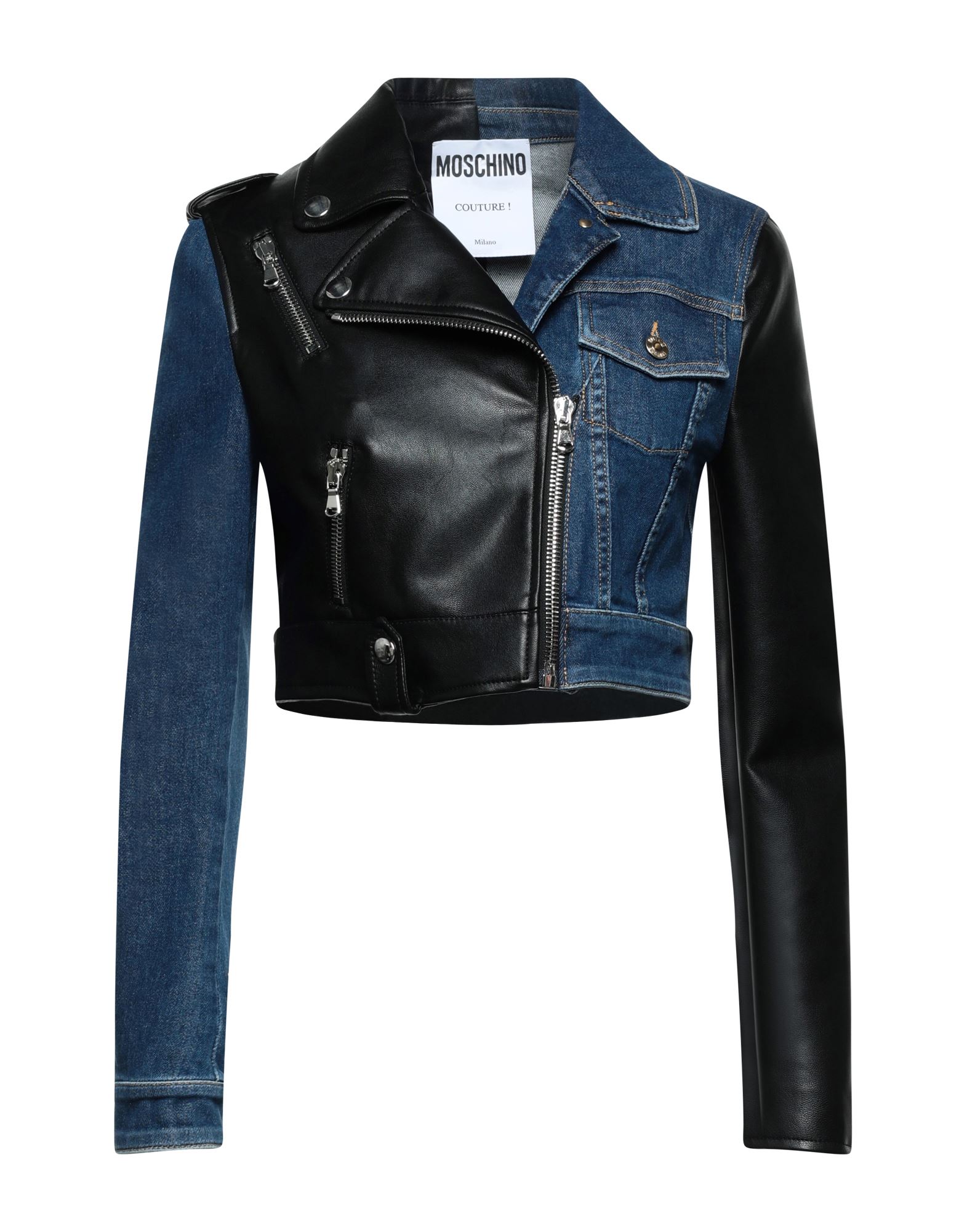 바이커 자켓, 데님, 투톤 패턴, 장식 부착 없음, 미디엄 워싱, 클래식 칼라, 싱글브레스티드, 롱 슬리브, 부분적으로 안감 처리한 내부, 지퍼 여밈, 멀티 포켓. 이미지