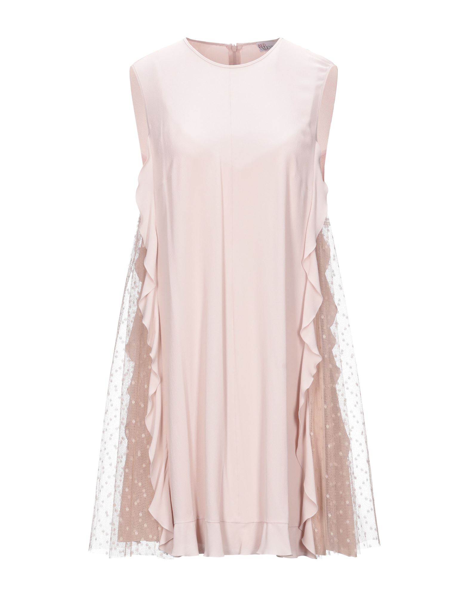 튤, 크레이프, 러플, 라운드 네크라인, 슬리브리스, 안감있음, 지퍼 클로저, 포켓 없음, 솔리드 컬러, 원피스 & 드레스. 이미지