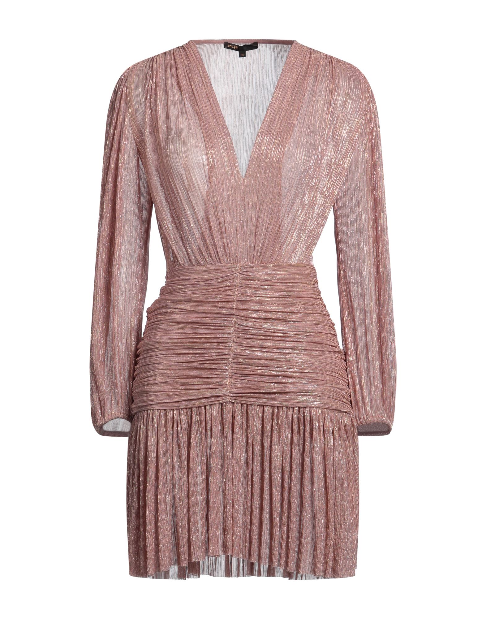 플레어 드레스, 조젯, 메탈릭 효과, 솔리드 컬러, 개더 디테일, v 네크라인, 롱 슬리브, 안감있음, 세탁기 세탁 또는 드라이클리닝, 표백 금지, 건조기 사용불가, 결혼식 하객 스타일로도 적합한 특별한 날에 어울리는 우아한 세레모니 룩. 이미지