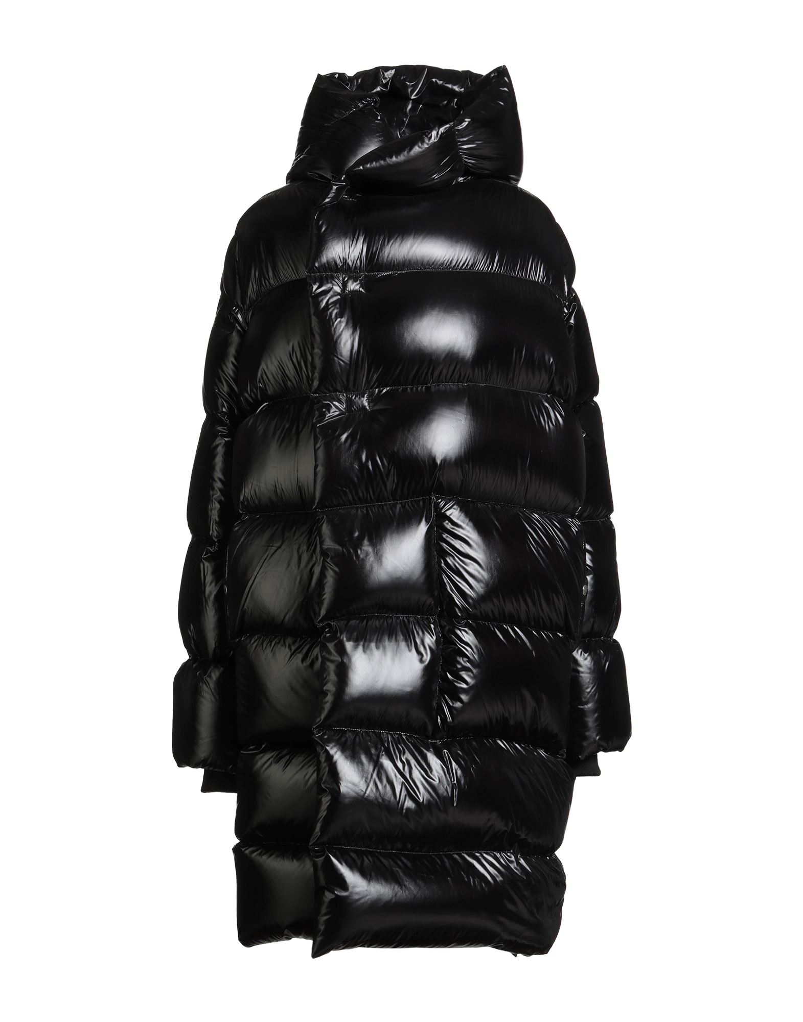 롱 다운 자켓, 테크니컬 패브릭, 솔리드 컬러, 장식 부착 없음, 후드, 싱글브레스티드, 롱 슬리브, 구스 다운 내장, 스냅버튼 여밈, 슬릿 포켓, 동물성 비섬유 자재 함유, 드라이클리닝, 표백 금지, 건조기 사용불가, 다림질 금지. 이미지