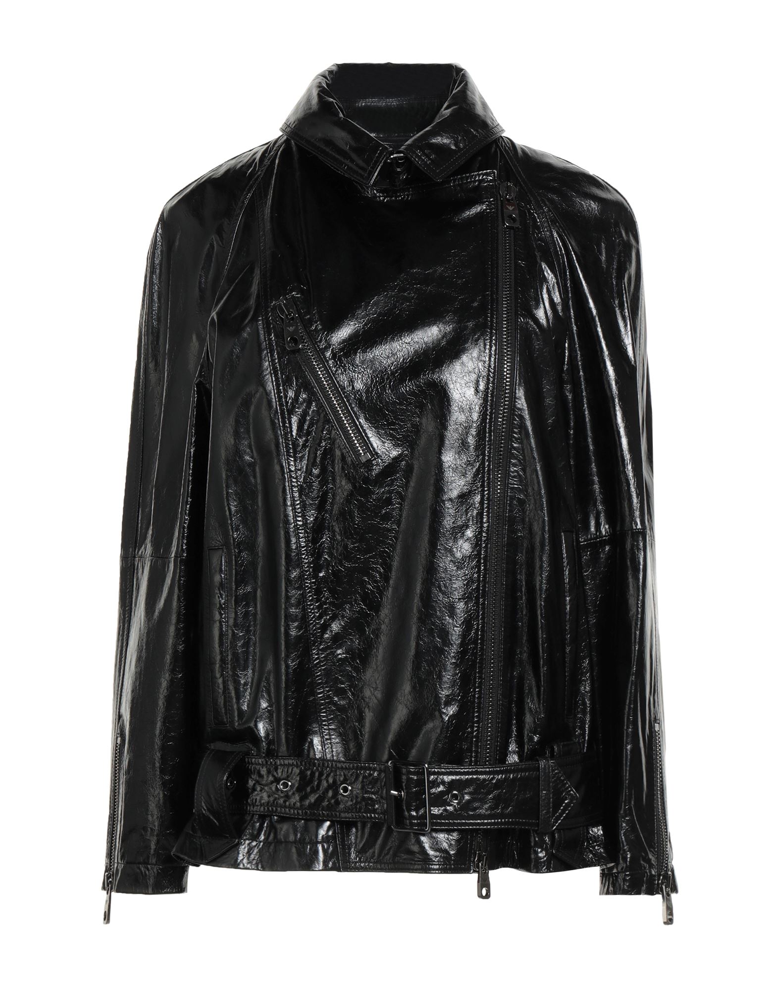 바이커 자켓, 가죽, 솔리드 컬러, 벨트, 라펠, 롱 슬리브, 지퍼 커프스, 안감있음, 지퍼 여밈, 슬릿 포켓, 동물성 비섬유 자재 함유, 드라이클리닝, 표백 금지, 건조기 사용불가. 이미지