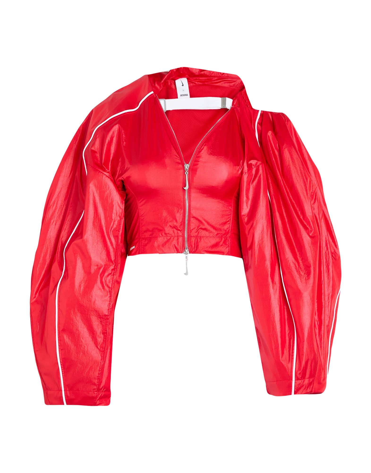 캐주얼 자켓, 테크니컬 패브릭, 브랜드 로고, 파이핑 트림, 크롭트, 솔리드 컬러, 클래식 칼라, 롱 슬리브, 퍼프 슬리브, 안감있음, 지퍼 여밈, 세탁기로 세탁, 표백 금지, 건조기 사용가능. 이미지