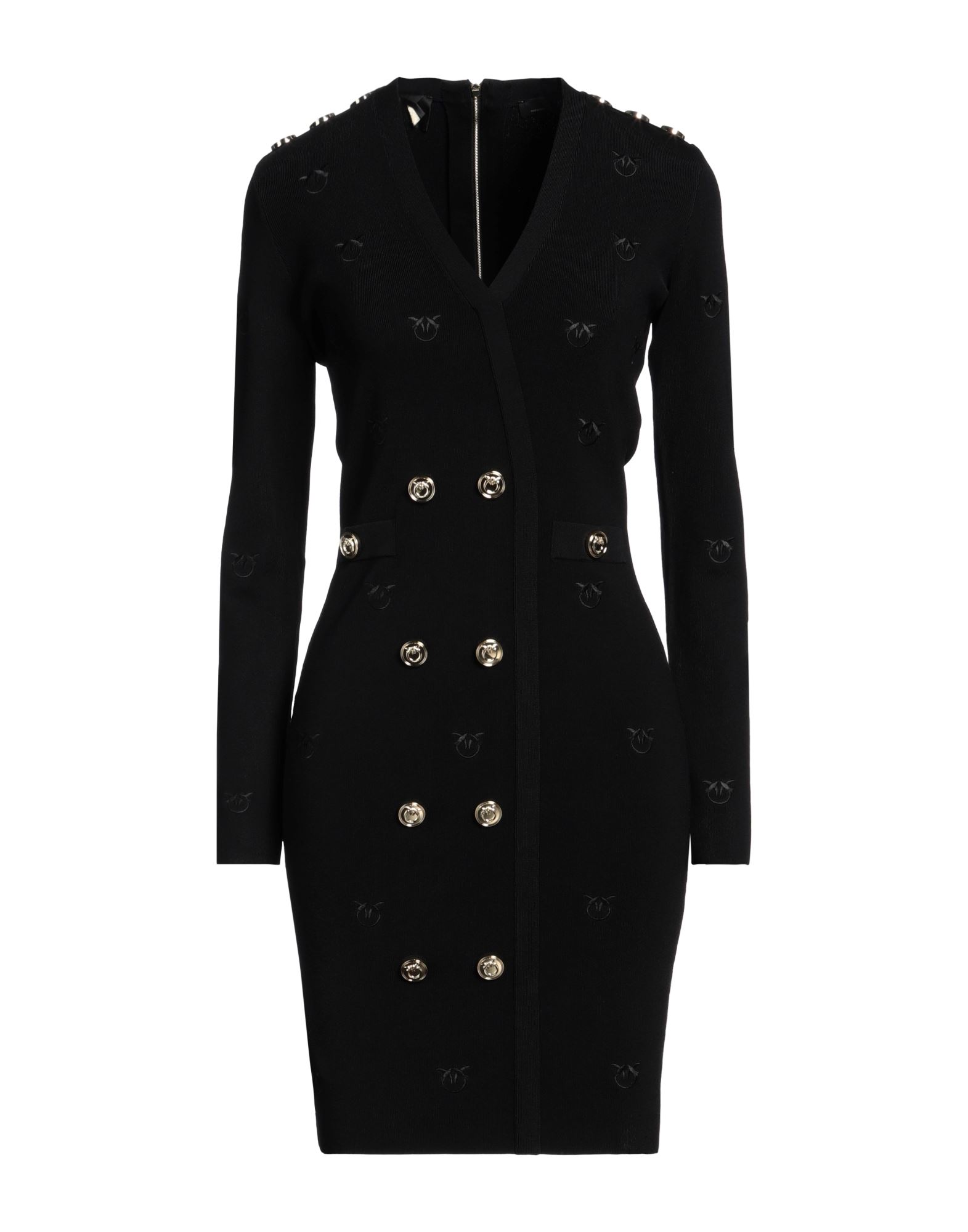 니트 소재, 라이트웨이트 니트, 자수 장식, 브랜드 로고, 장식 디테일 솔리드 컬러, v 네크라인, 롱 슬리브, 안감없음, 지퍼 여밈, 포켓 없음, 세탁기 세탁 또는 드라이클리닝, 표백 금지, 건조기 사용불가, 바디콘 드레스. 이미지