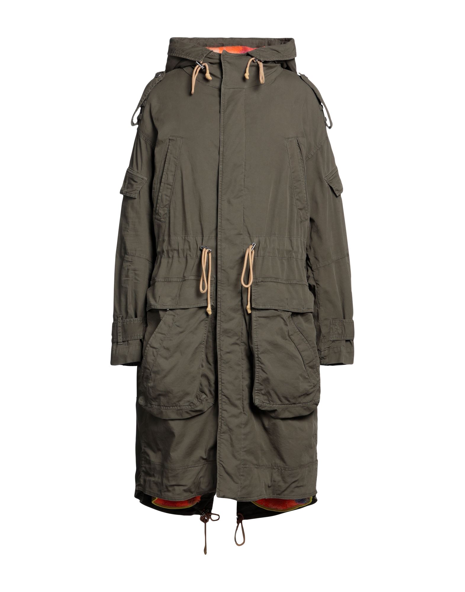 평직, 견장, 솔리드 컬러, 후드, 싱글브레스티드, 롱 슬리브, 스트랩 커프스, 디테쳐블 안감, 스냅버튼, 지퍼 클로저, 드로스트링 웨이스트, 멀티 포켓, 스트레치, 파카. 이미지