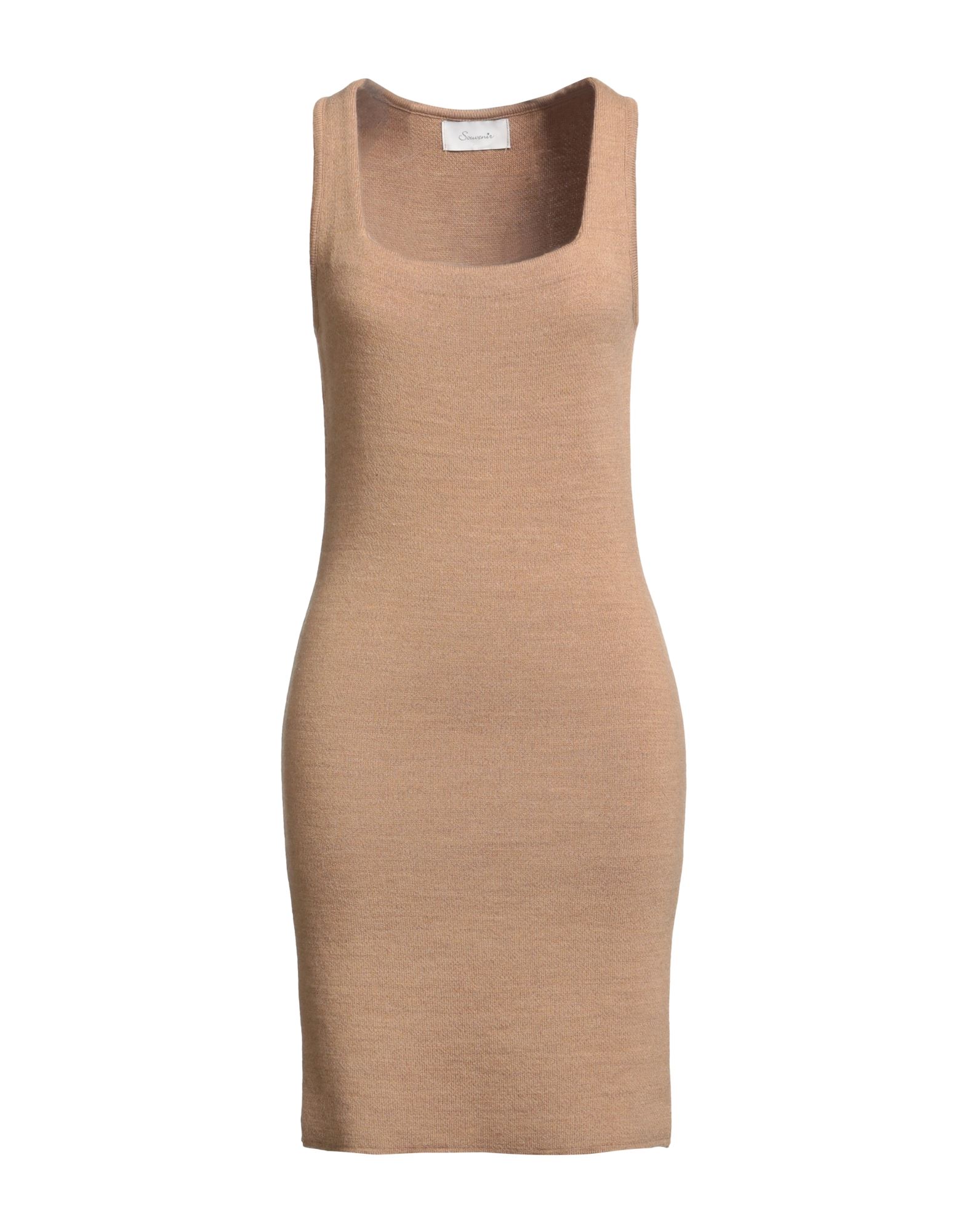 바디콘 드레스, 니트 소재, 라이트웨이트 니트, 솔리드 컬러, 브랜드 로고, 스퀘어 네크라인, 슬리브리스, 안감없음, 포켓 없음, 세탁기 세탁 또는 드라이클리닝, 표백 금지, 건조기 사용불가. 이미지