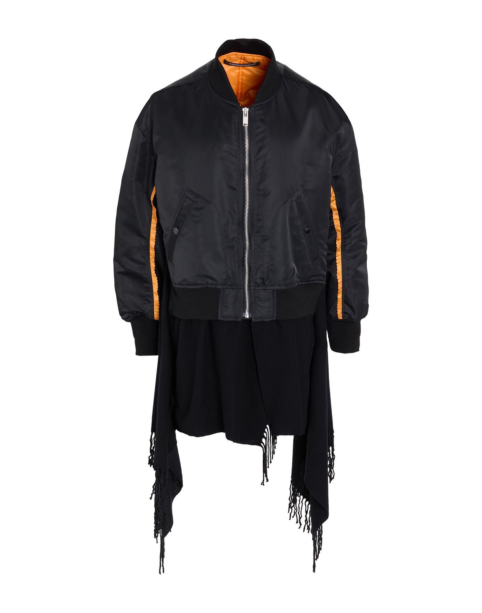 보머 자켓, 울, 테크니컬 패브릭, 솔리드 컬러, 프린지, 니트 트리밍, 크루넥, 싱글브레스티드, 롱 슬리브, 리브 조직 커프스, 합성 충전재, 지퍼 여밈, 웰트 포켓, 드라이클리닝, 표백 금지, 건조기 사용불가. 이미지