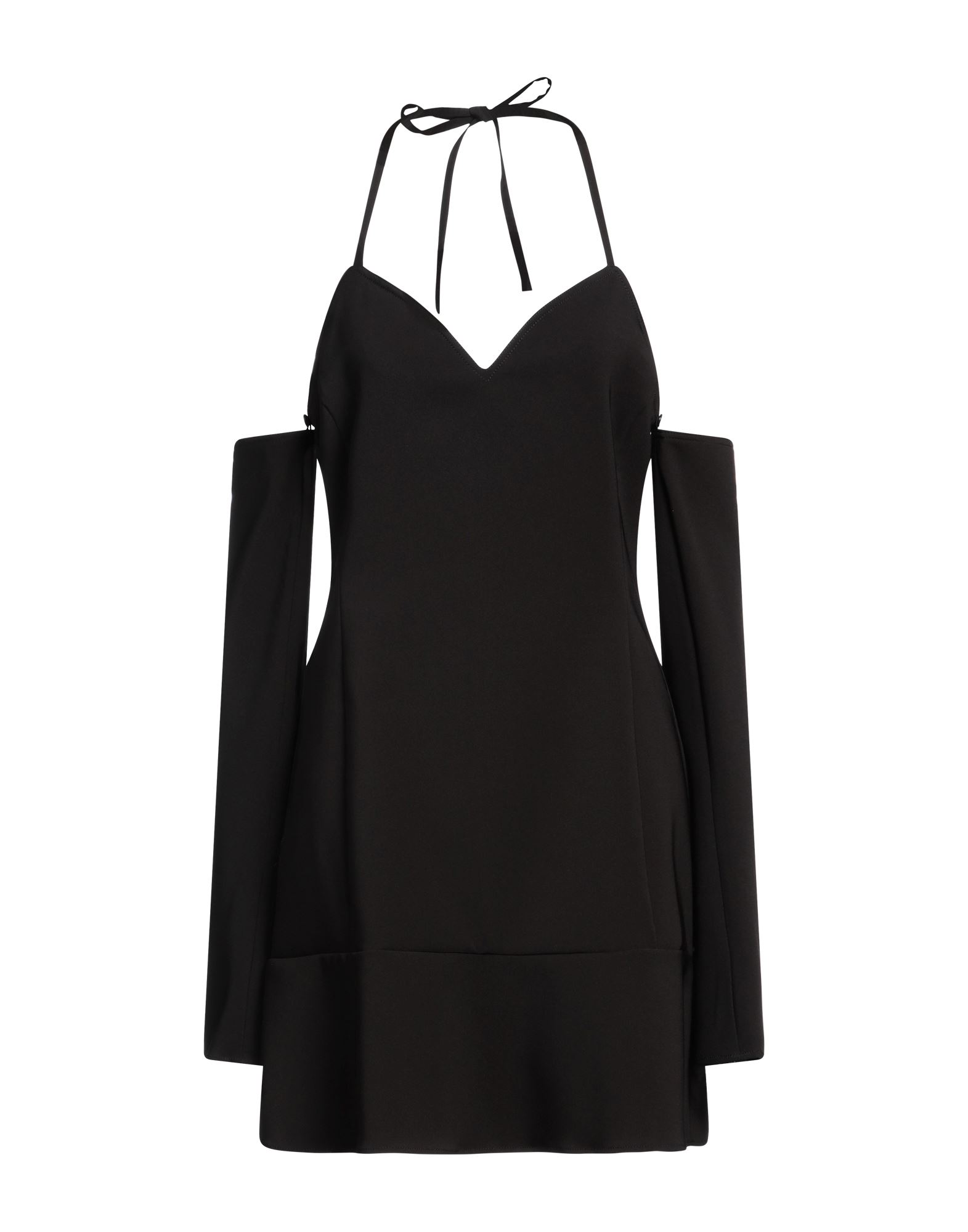 저지, 장식 부착 없음, 솔리드 컬러, 딥 네크라인, 롱 슬리브, 탈부착 가능한 소매, 안감없음, 타이 여밈, 지퍼 여밈, 포켓 없음, 스트레치, 드라이클리닝, 표백 금지, 건조기 사용불가, 플레어 드레스. 이미지