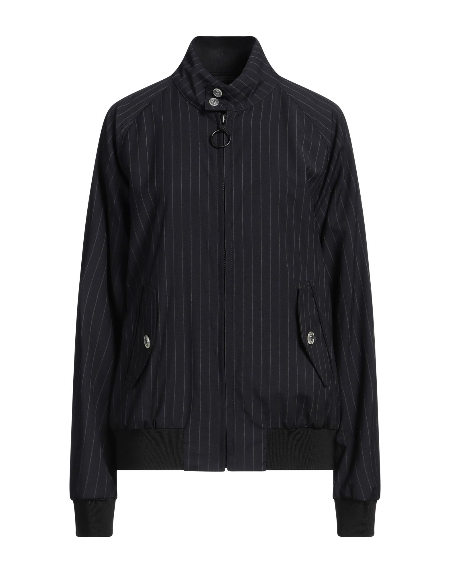 해링턴 자켓, 울 보일, 장식 부착 없음, 핀스트라이프, 터틀넥, 싱글브레스티드, 롱 슬리브, 안감있음, 멀티 포켓, 세탁기로 세탁, 표백 금지, 건조기 사용불가. 이미지