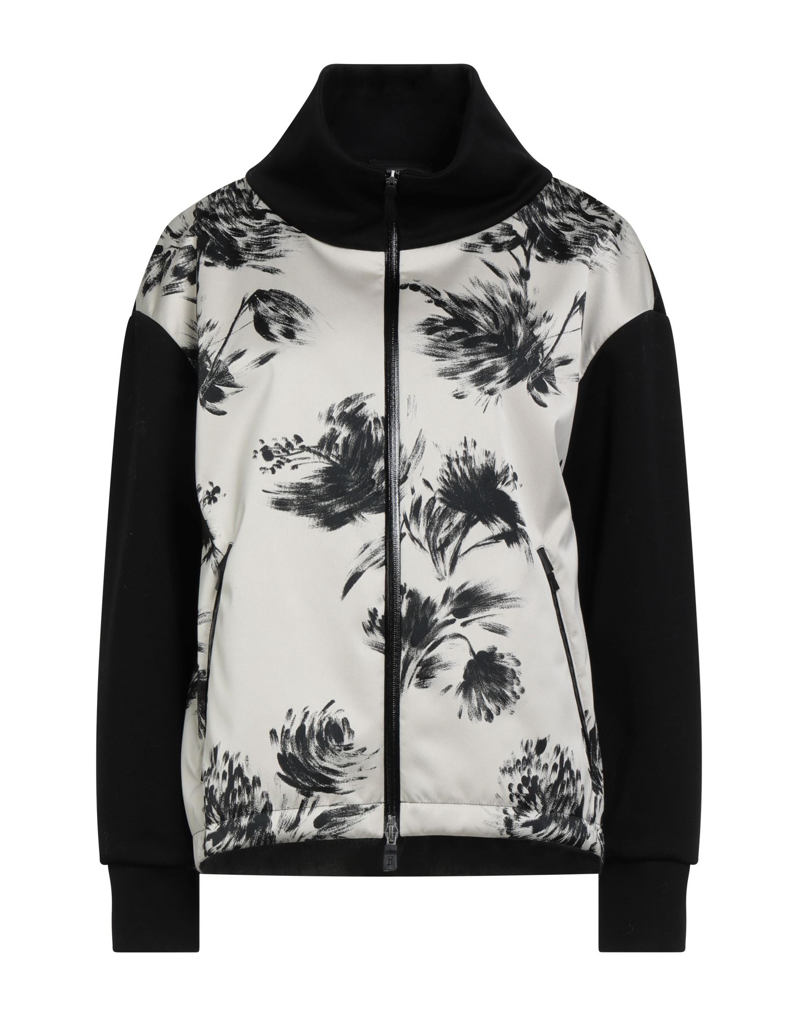 캐주얼 자켓, 새틴, 저지, 브랜드 로고, 플로럴 모티브, 터틀넥, 롱 슬리브, 안감있음, 지퍼 여밈, 지퍼 포켓, 세탁기로 세탁, 표백 금지, 건조기 사용불가. 이미지