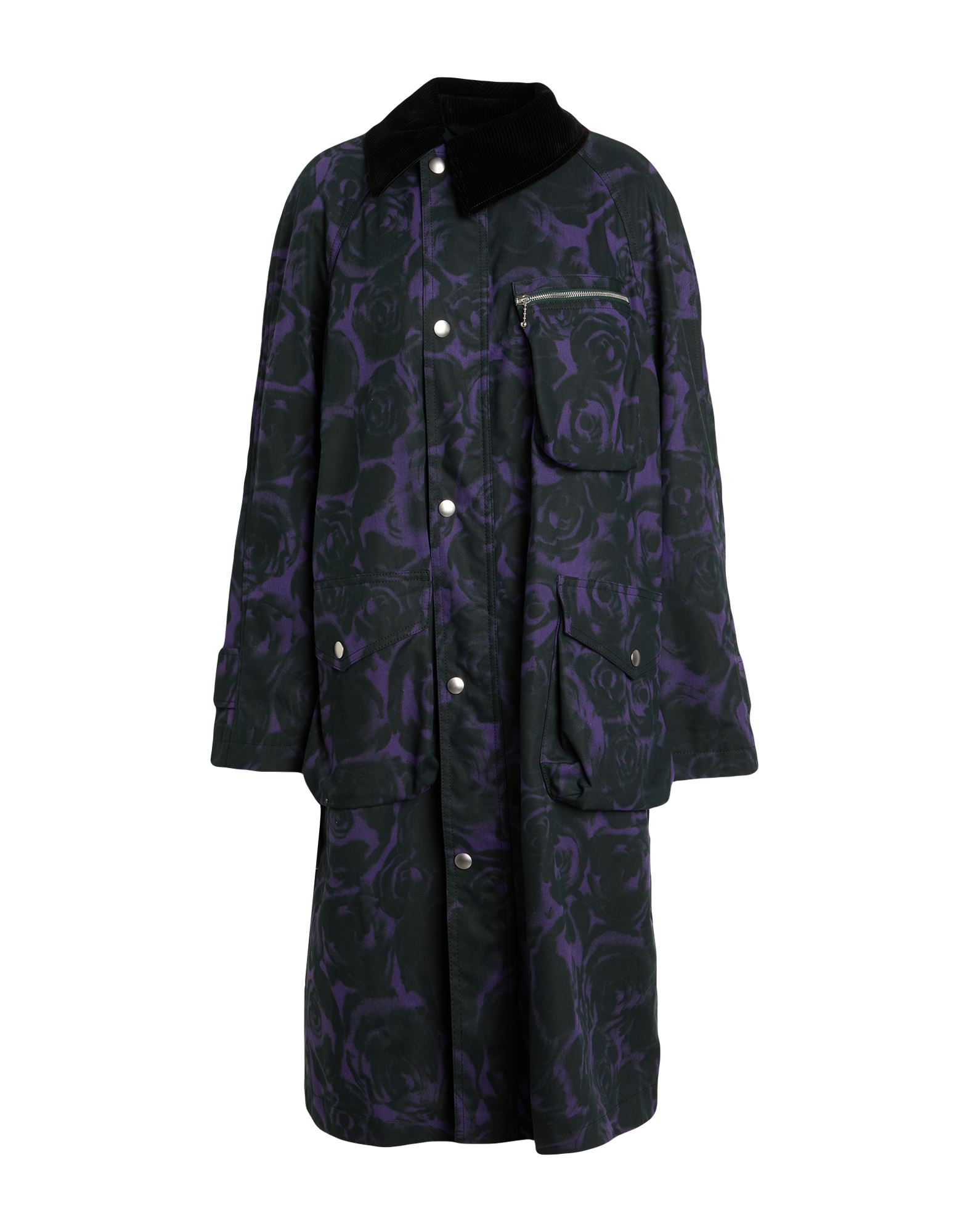 롱 자켓, 개버딘, 코듀로이, 장식 부착 없음, 플로럴 모티브, 클래식 칼라, 싱글브레스티드, 롱 슬리브, 안감없음, 버튼 여밈, 플랩 포켓, 지퍼 포켓, 드라이클리닝, 표백 금지, 건조기 사용불가. 이미지