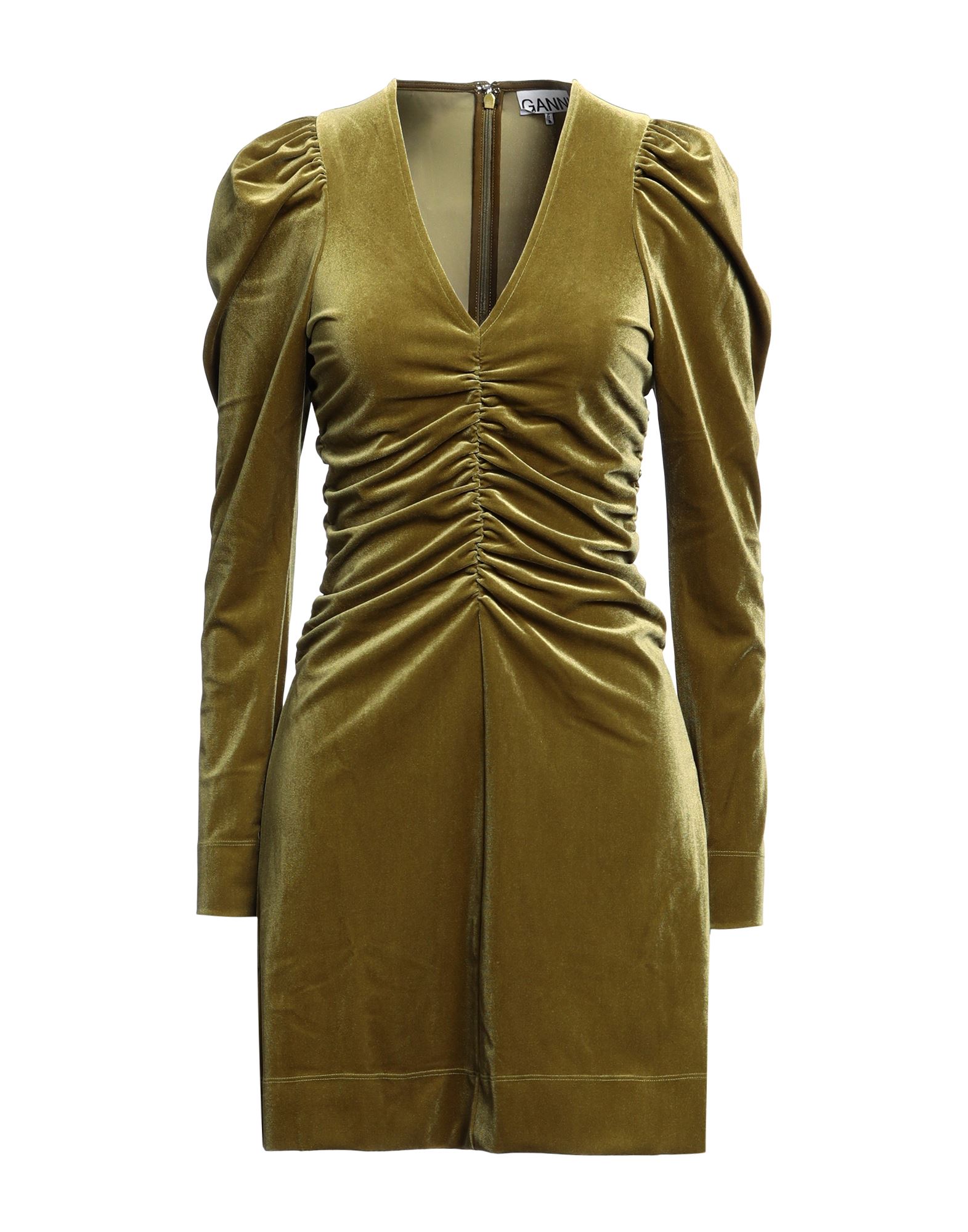 벨벳, 개더 디테일, 솔리드 컬러, v 네크라인, 롱 슬리브, 안감없음, 지퍼 여밈, 스트레치, 세탁기로 세탁, 표백 금지, 건조기 사용불가, 플레어 드레스. 이미지