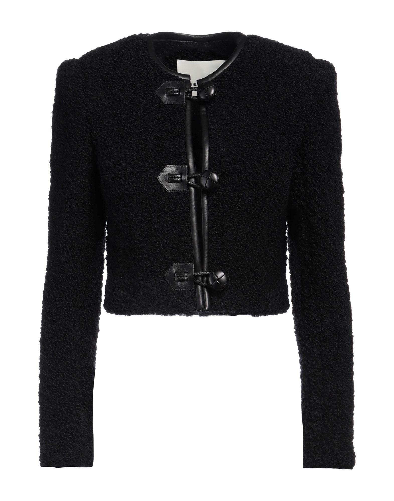 부클레, 가죽 인서트, 솔리드 컬러, 크루넥, 싱글브레스티드, 롱 슬리브, 어깨 패드, 안감없음, 토글 여밈, 포켓 없음, 동물성 비섬유 자재 함유, 드라이클리닝, 표백 금지, 건조기 사용불가, 자켓, 이 브랜드는 사이즈가 크게 나옵니다. 이미지