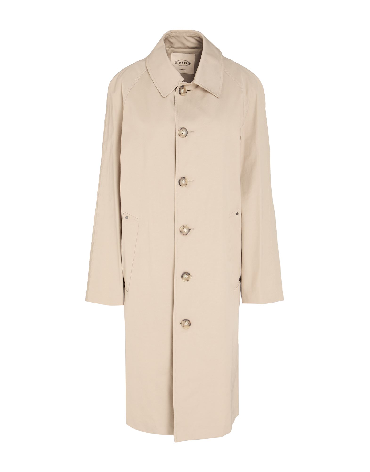 롱 자켓, 테크니컬 패브릭, 솔리드 컬러, 장식 부착 없음, 클래식 칼라, 싱글브레스티드, 롱 슬리브, 안감없음, 버튼 여밈, 플랩 포켓, 드라이클리닝, 표백 금지, 건조기 사용불가. 이미지